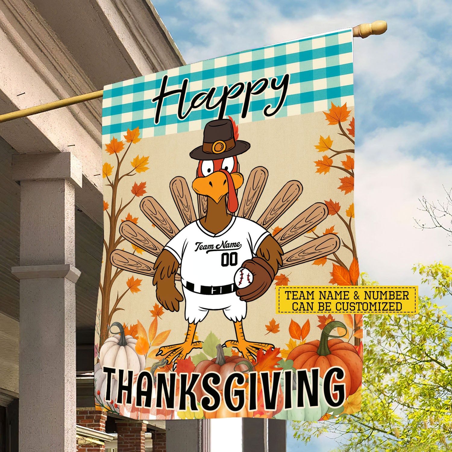 Personalized Thanksgiving Baseball Flag Happy Thanksgiving Thankful Turkey Baseball Lovers Gift