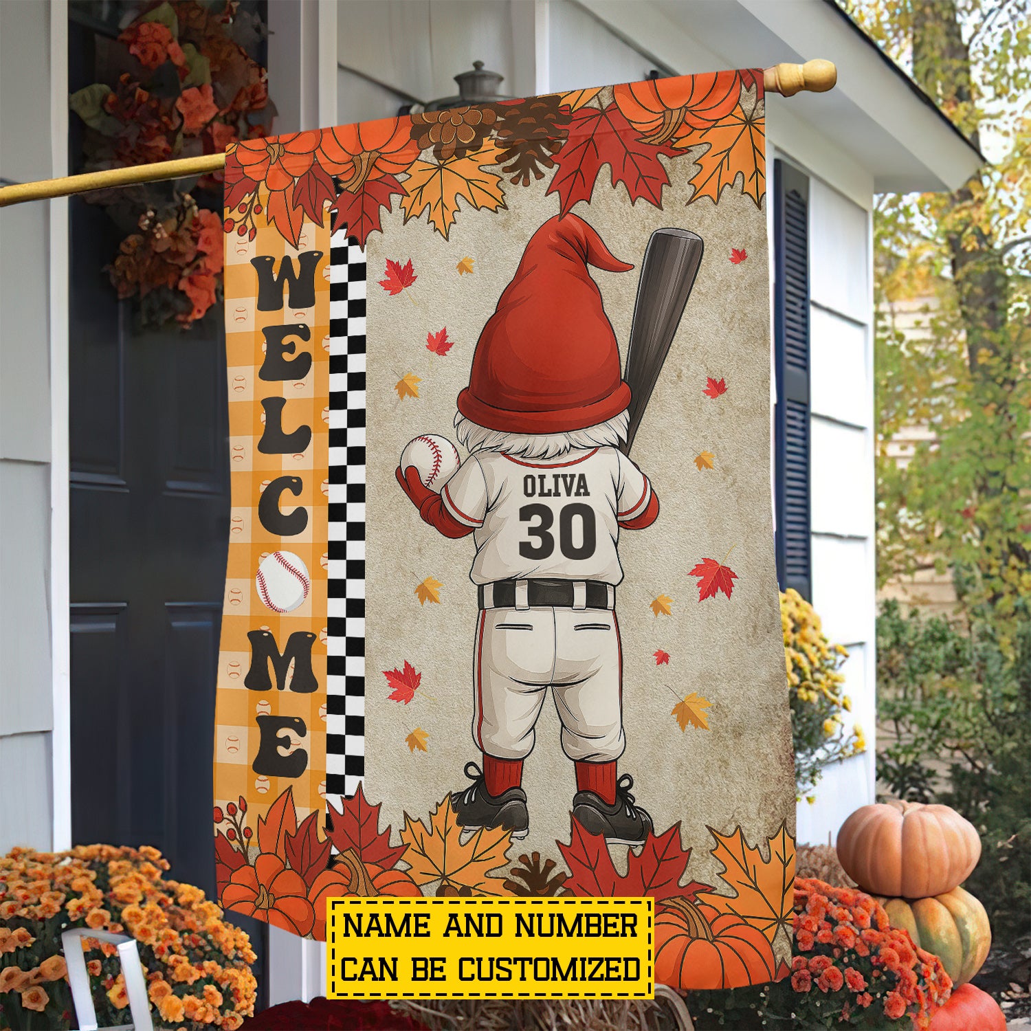 Personalized Thanksgiving Baseball Gnomie Flag Welcome Outdoor Decor Gift For Baseball Lovers
