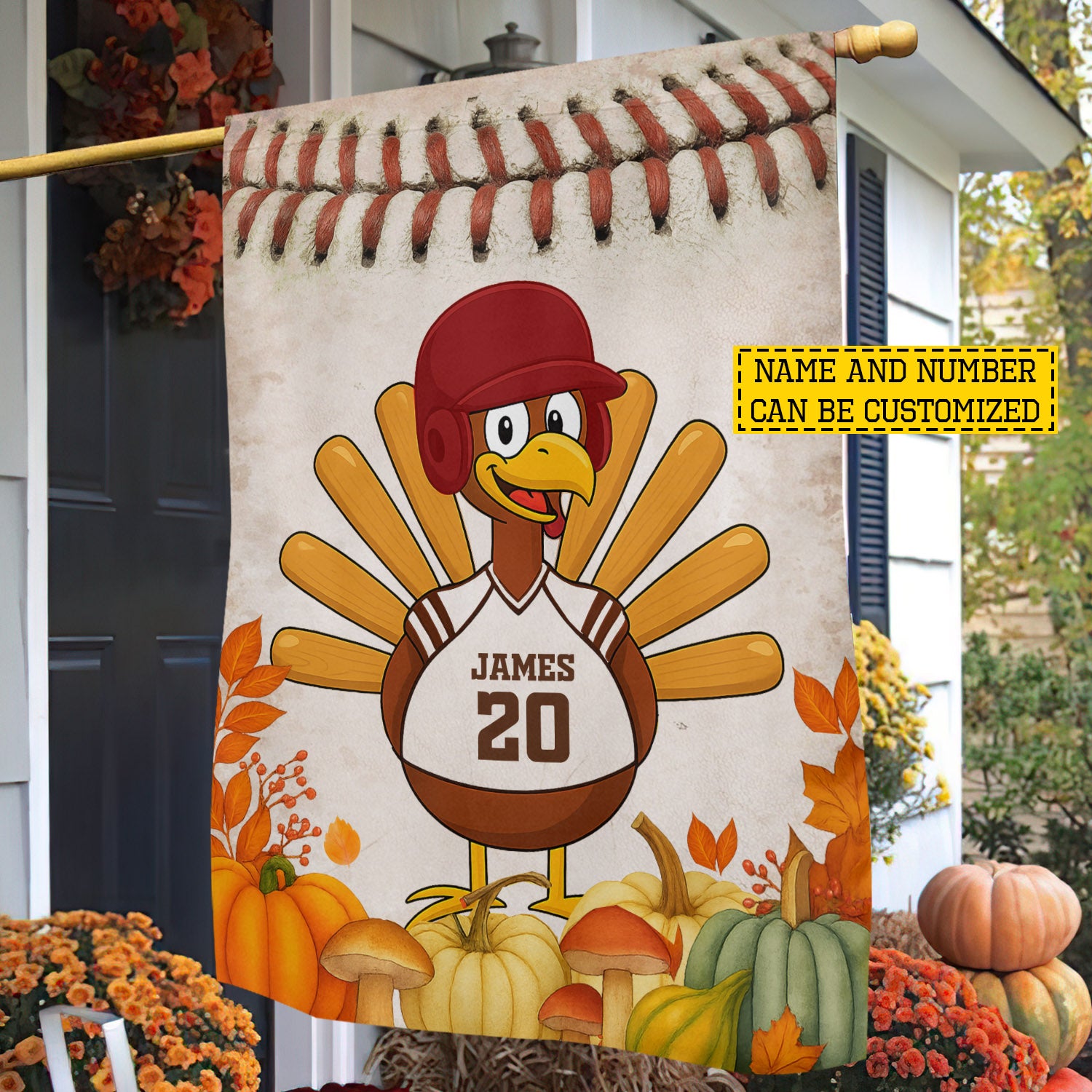 Personalized Thanksgiving Baseball House Flag Thankful Turkey Outdoor Decor Baseball Lovers Gift