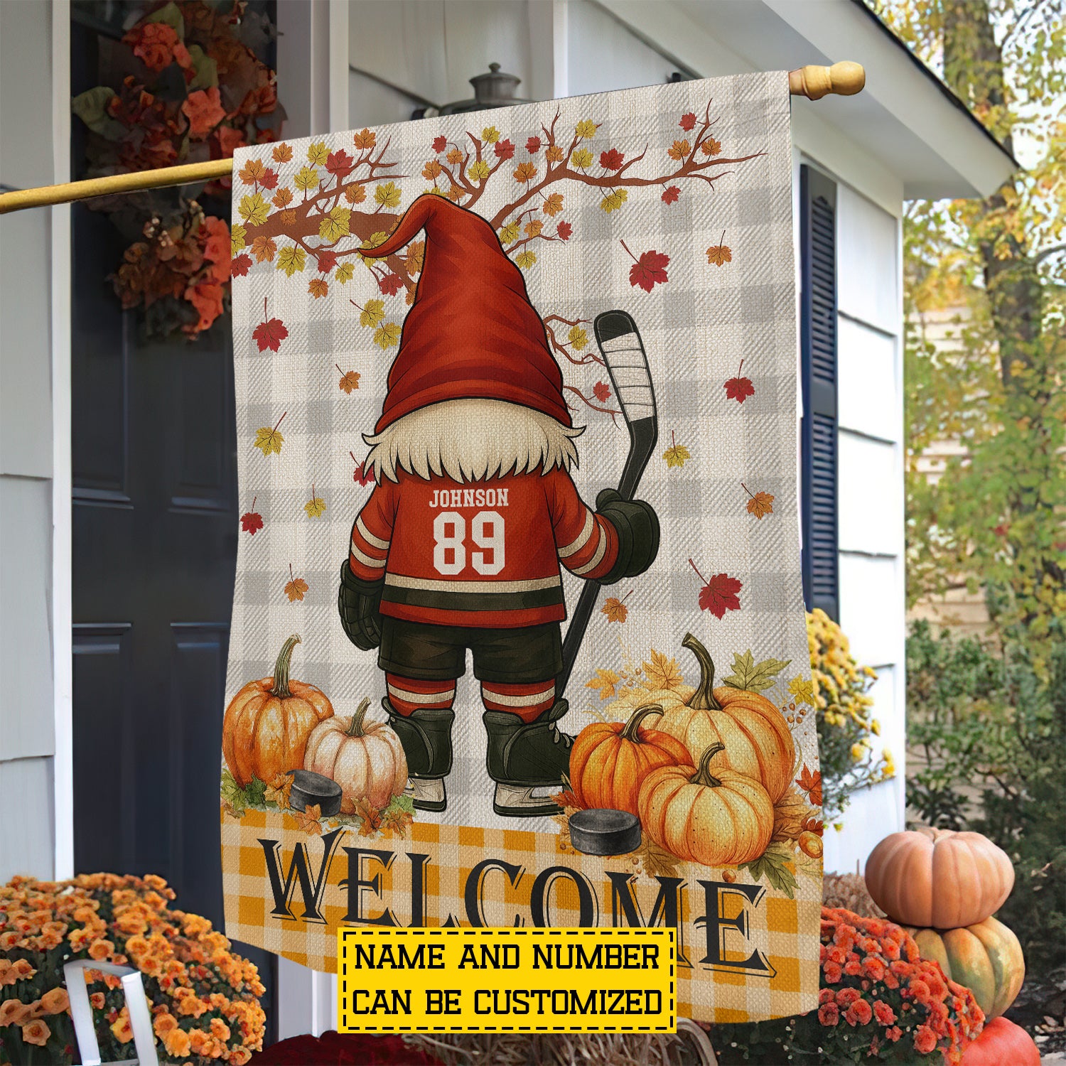 Personalized Thanksgiving Gnomie Hockey Flag Welcome Outdoor Decor Gift For Hockey Lovers