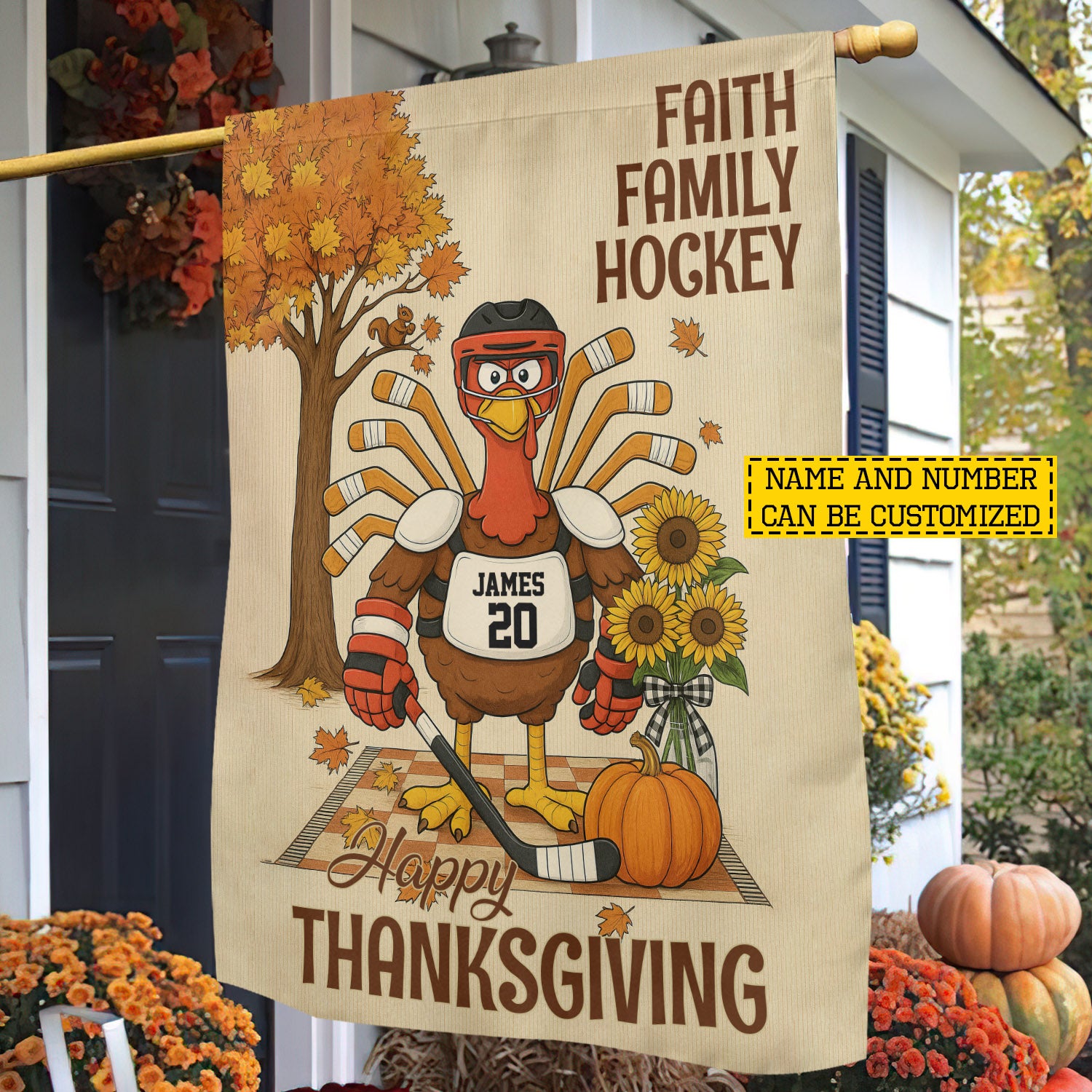 Personalized Thanksgiving Hockey Flag Faith Family Hockey Turkey Thankful Gift For Hockey Fans