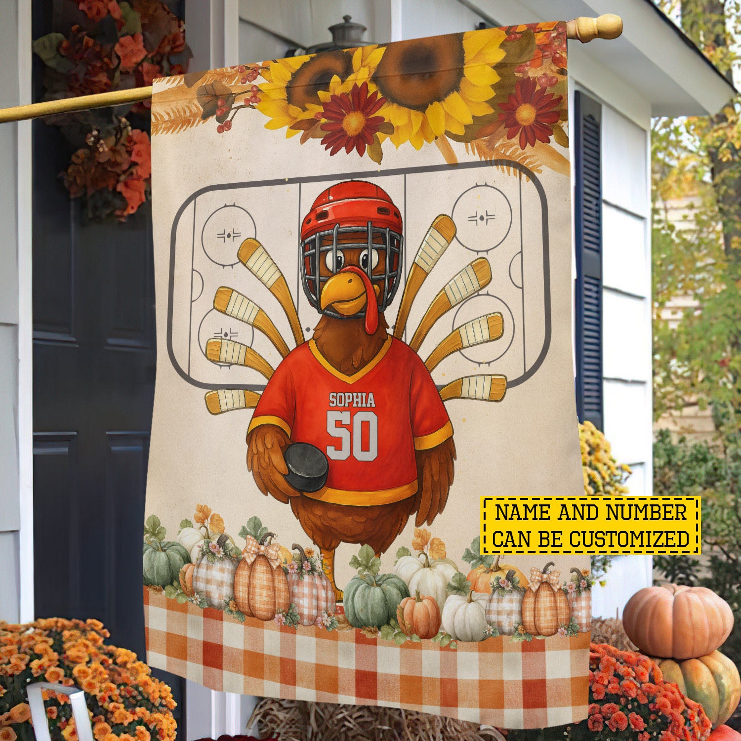 Personalized Thanksgiving Hockey Flag Sunflower Themed Turkey Design Gift For Hockey Lovers