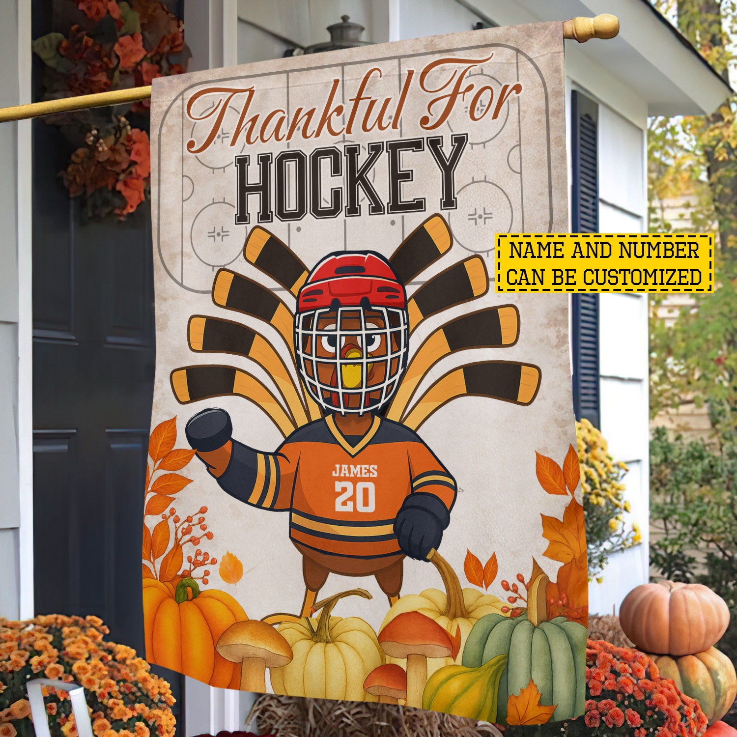 Personalized Thanksgiving Hockey Garden Flag Thankful For Hockey Turkey Gift For Turkey Lovers