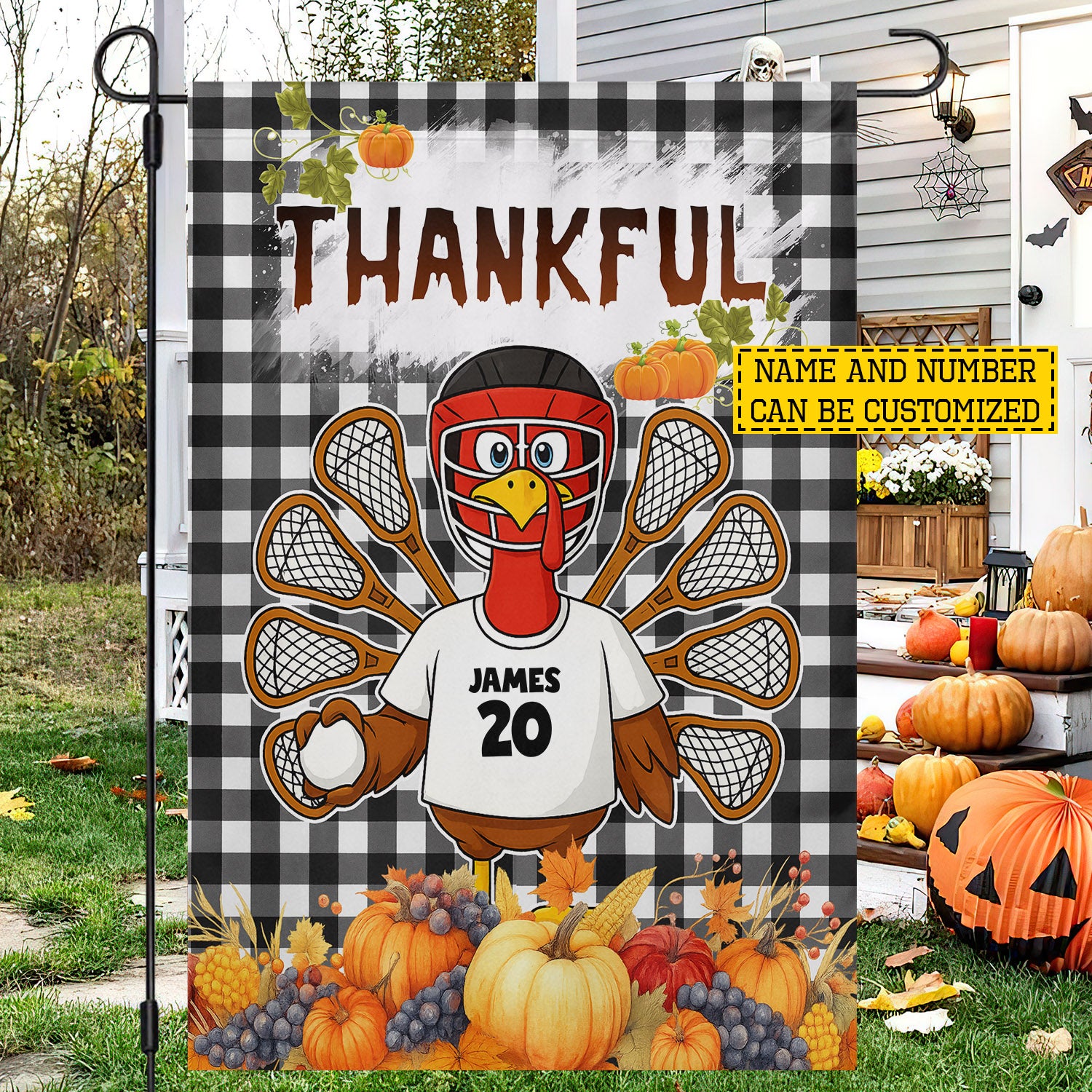 Personalized Thanksgiving Lacrosse Flag Thankful For Lacrosse With Turkey Turkey Lovers Gift