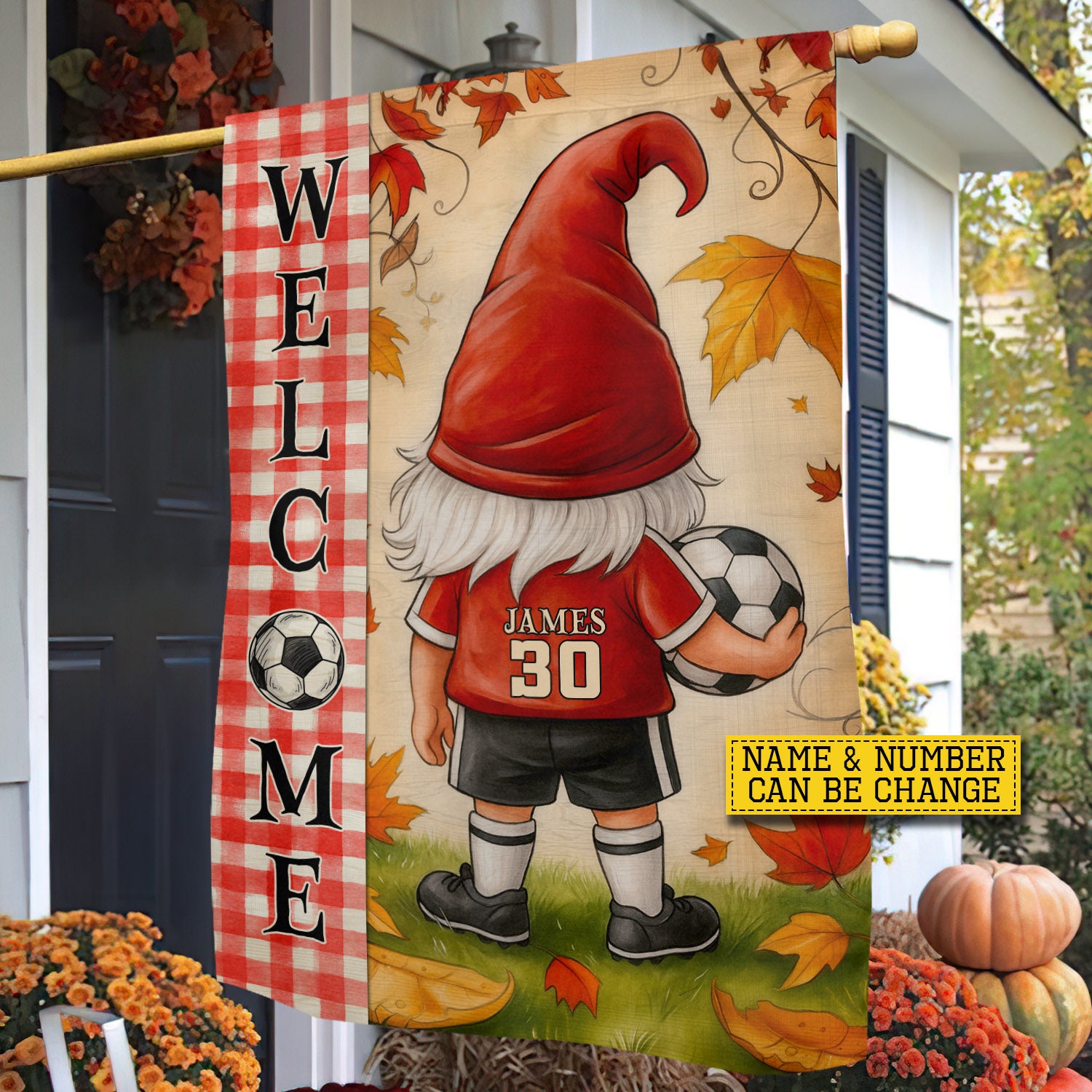 Personalized Thanksgiving Soccer Gnomie Flag Welcome Outdoor Decor Gift For Soccer Lover