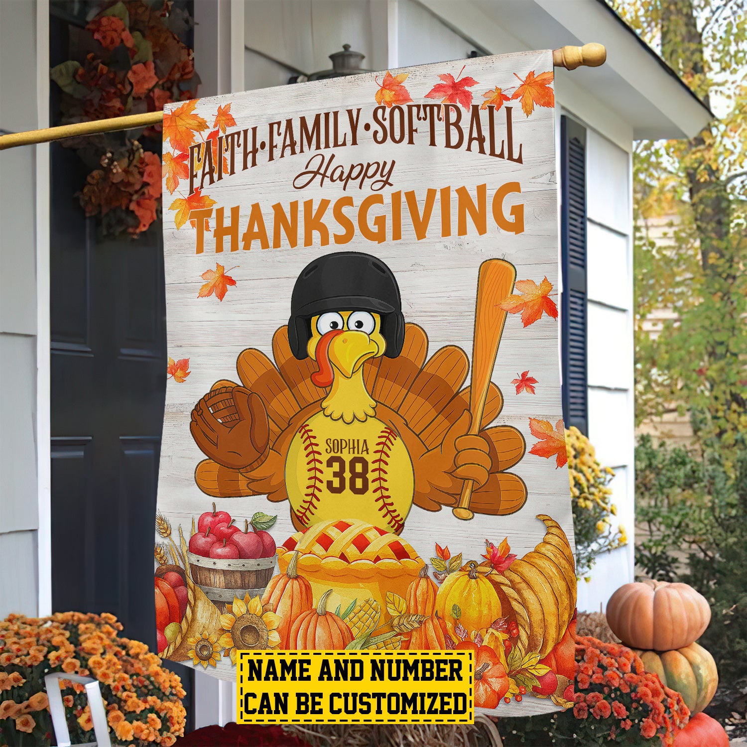 Personalized Thanksgiving Turkey Flag Faith Family Softball Thankful Gift For Softball Lovers