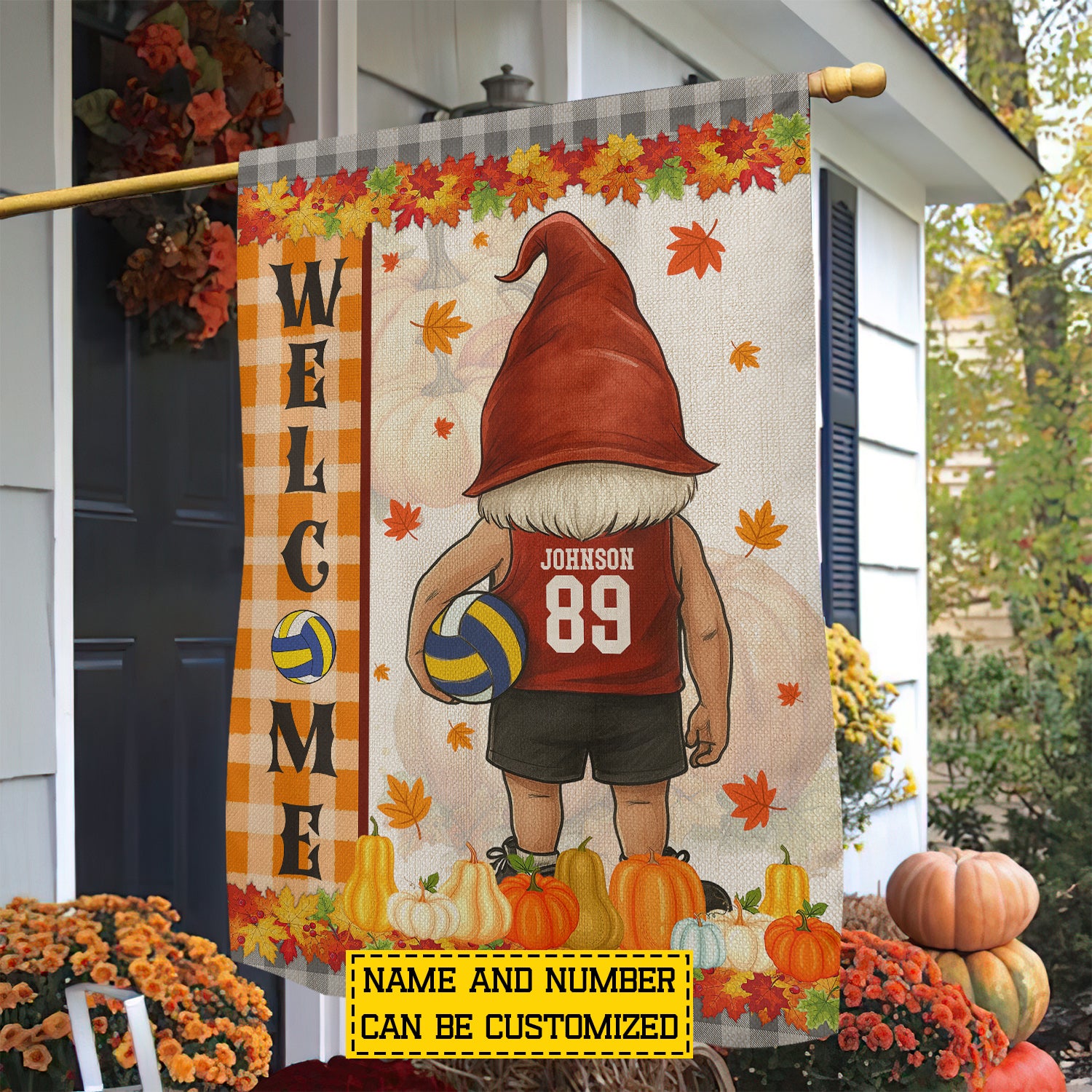 Personalized Thanksgiving Volleyball Gnomie Flag Welcome Outdoor Decor Volleyball Lovers Gift
