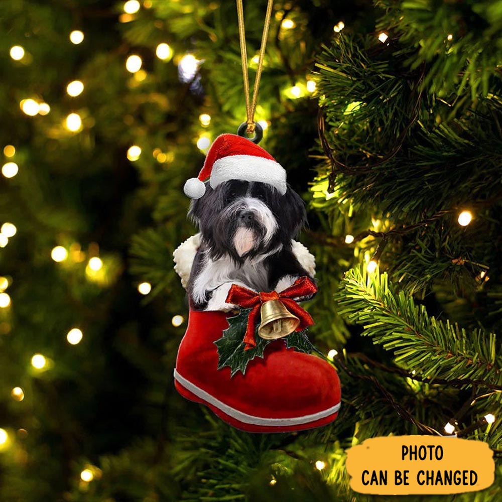 Personalized Tibetan Terrier In Santa Boot Christmas Hanging Ornament Heartwarming Holiday Ornament Gift