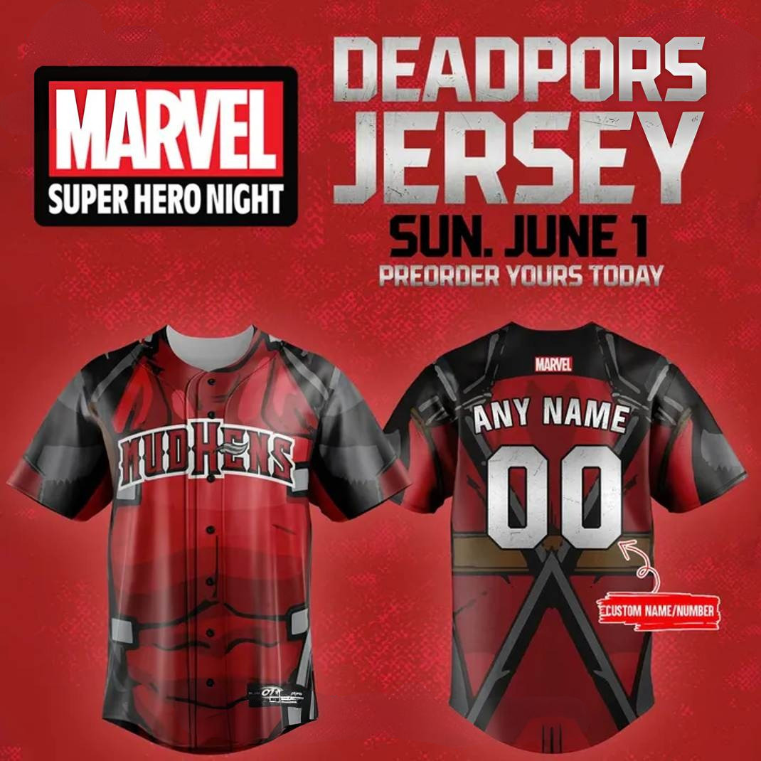 Personalized Toledo Mud Hens x Deadpool Marvel Baseball Jersey Gifts For Fans