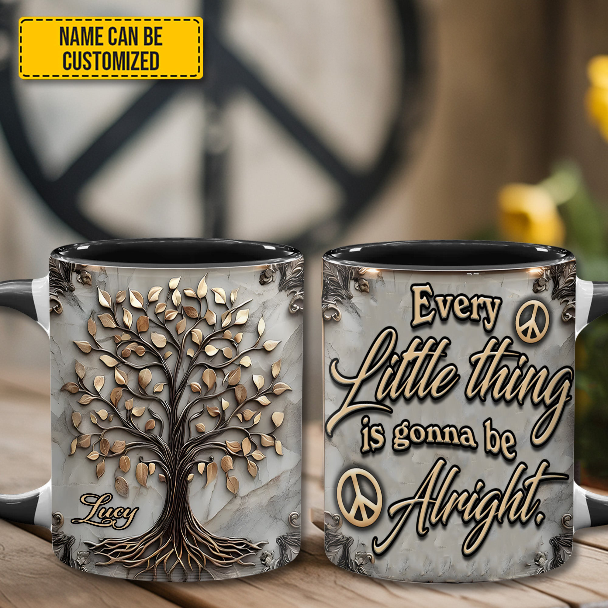 Personalized Tree Of Life Mug Every Little Thing Is Gonna Be Alright Hippie Symbol Unique Cup
