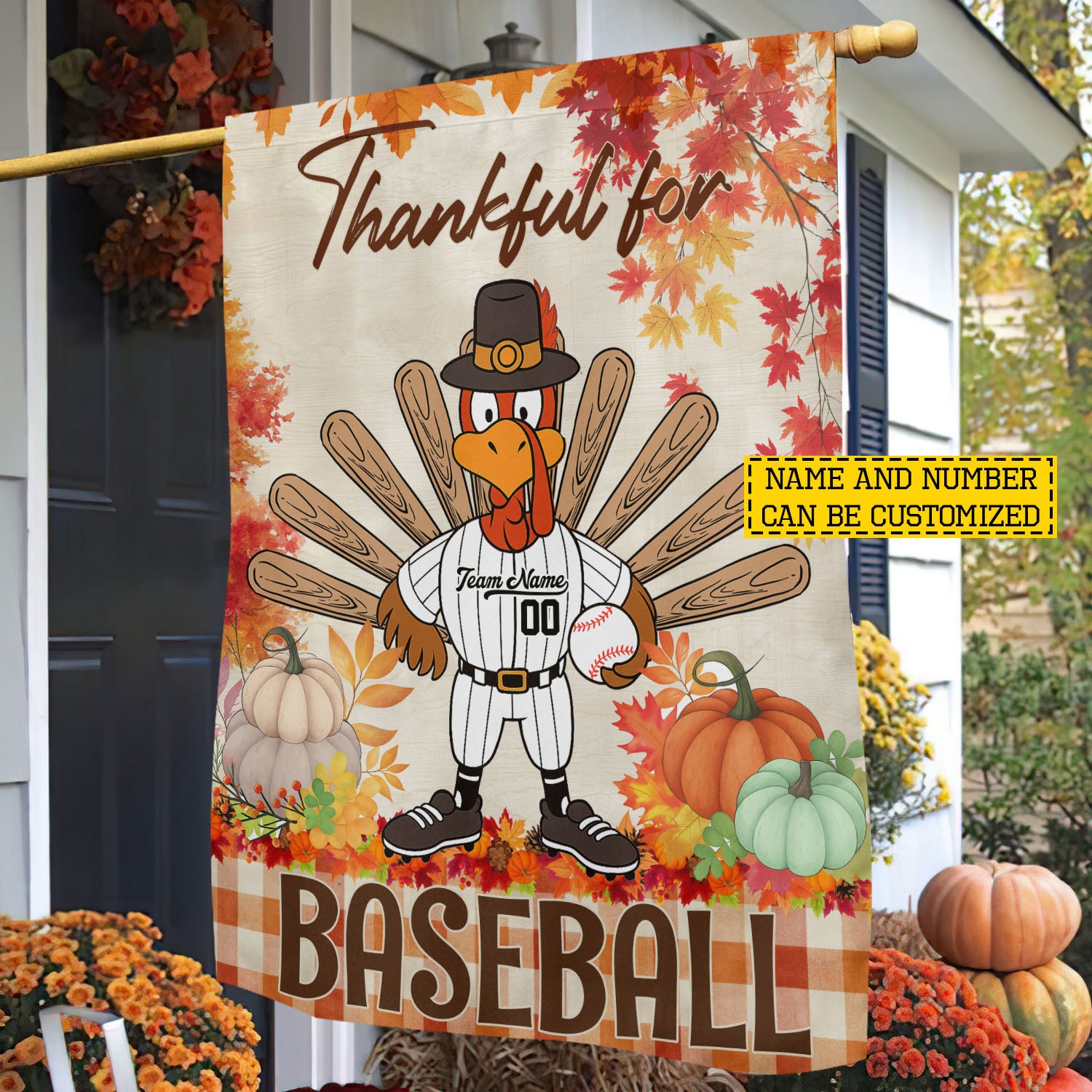 Personalized Turkey Thanksgiving Baseball Flag Thankful For Baseball Gift For Baseball Lovers