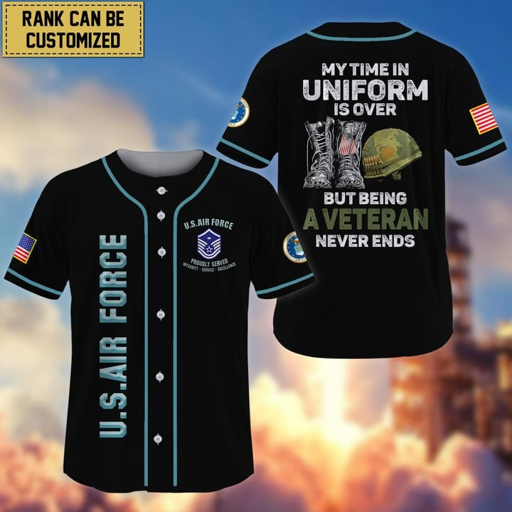 Personalized US Air Force Being a Veteran Never Ends Custom Baseball Jersey Gift for Friends and Proud Army Veteran