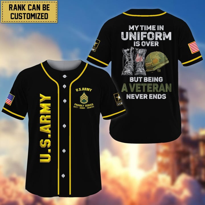 Personalized US Army Being a Veteran Never Ends Custom Baseball Jersey Gift for Friends and Proud Army Veteran
