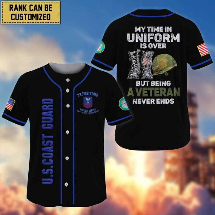 Personalized US Coast Guard Being a Veteran Never Ends Custom Baseball Jersey Gift for Friends and Proud Army Veteran