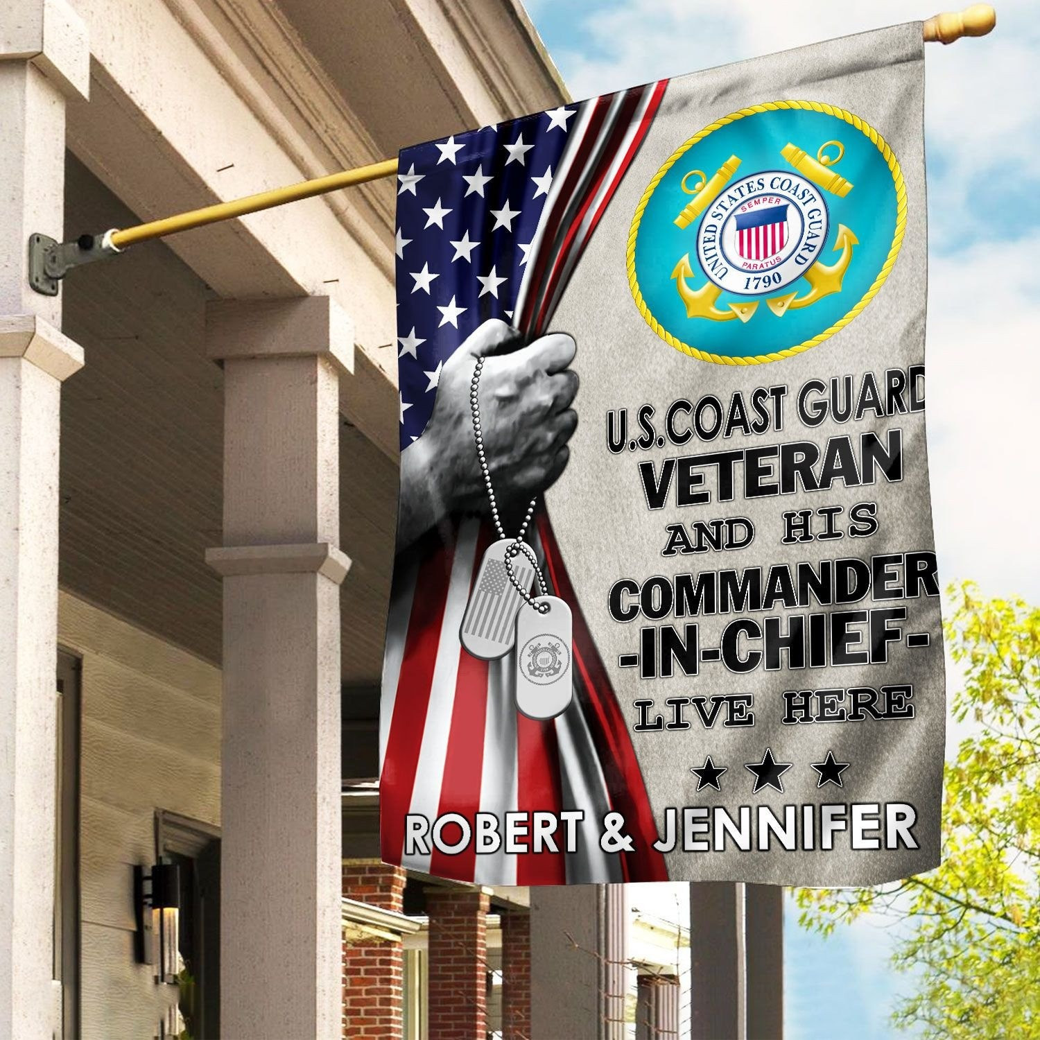 Personalized US Coast Guard Veteran Flag Veteran And His Commander In Chief Live Here Flag