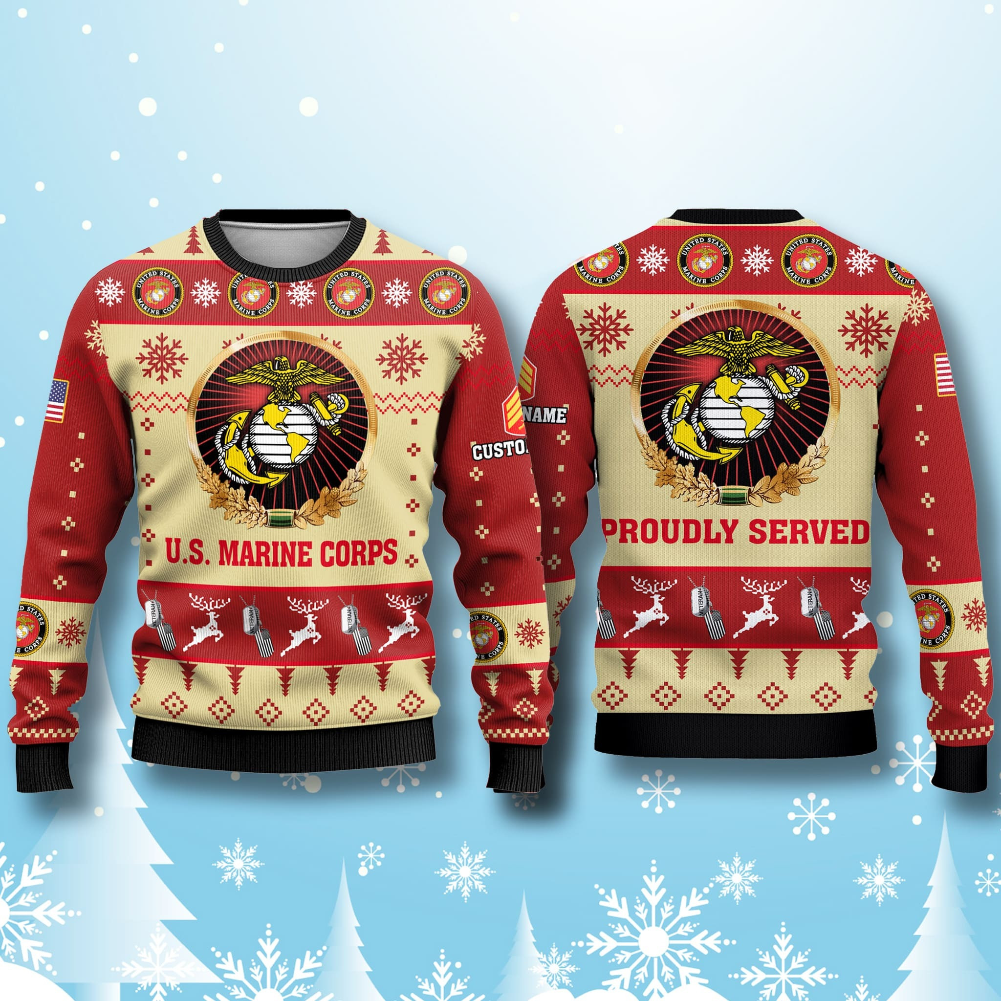 Personalized US Marine Corps Proudly Served Sweater American Flag Clothing Christmas Present