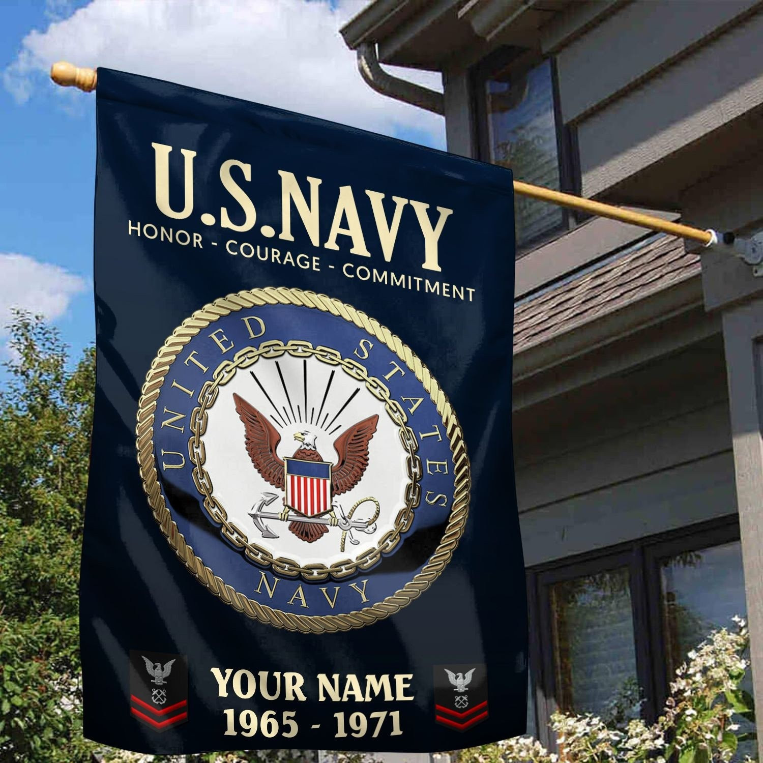 Personalized US Navy Honor Courage Commitment Flag Gifts For Navy Veteran
