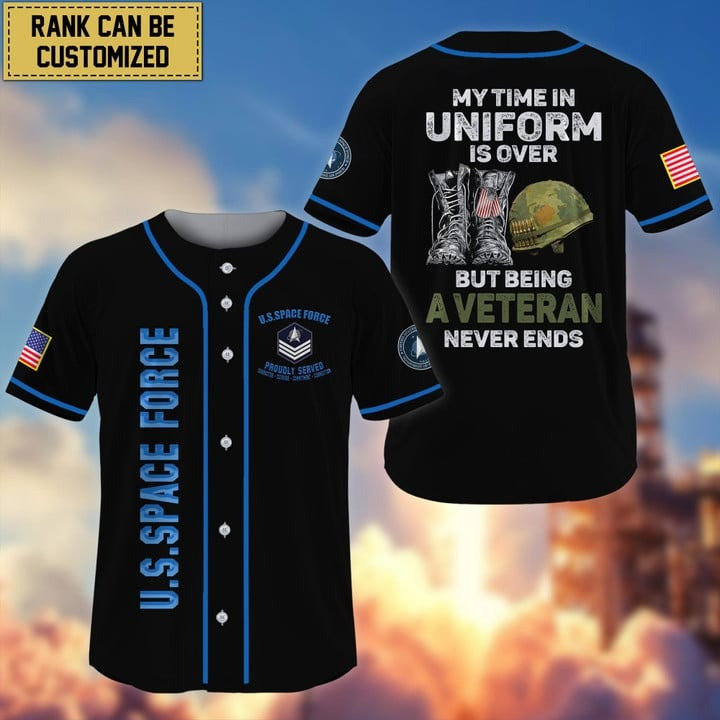 Personalized US Space Force Being a Veteran Never Ends Custom Baseball Jersey Gift for Friends and Proud Army Veteran
