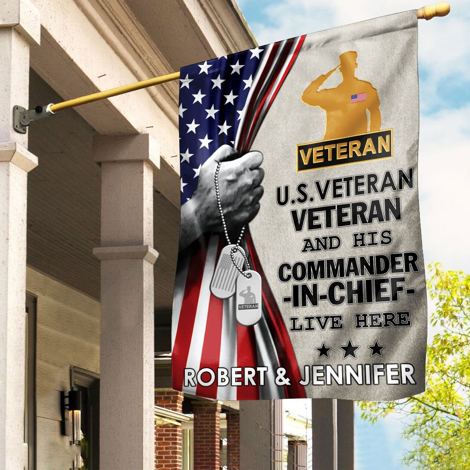 Personalized US Veteran Flag Veteran And His Commander In Chief Live Here Flag