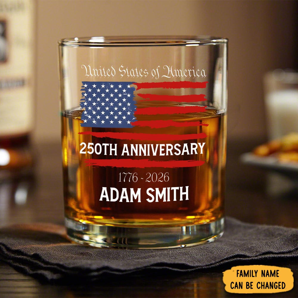 Personalized USA 250th Anniversary Glass American Flag Whiskey Glass