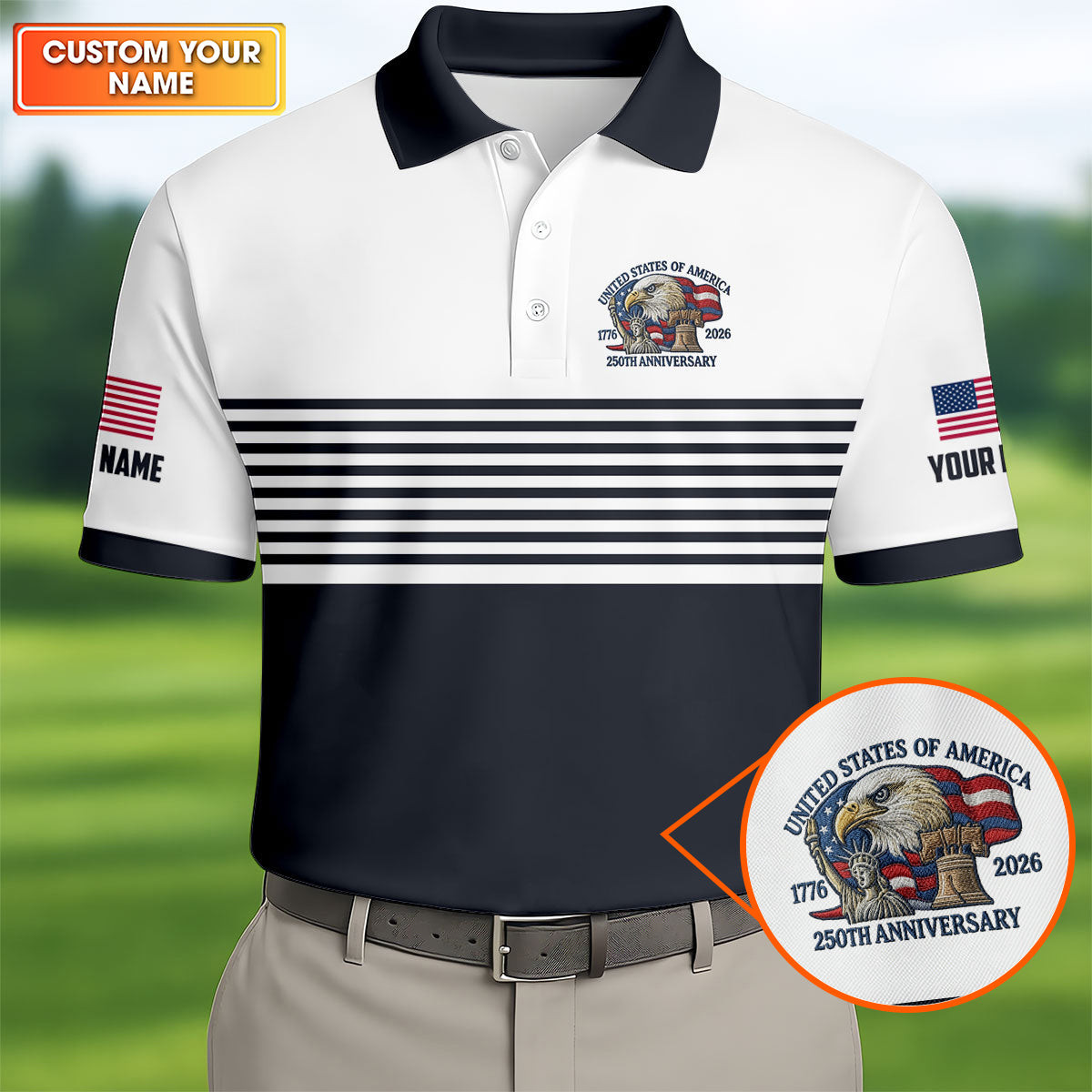 Personalized USA 250Th Anniversary Golf Polo Shirt July 4 Apparel Golf Presents For Dad