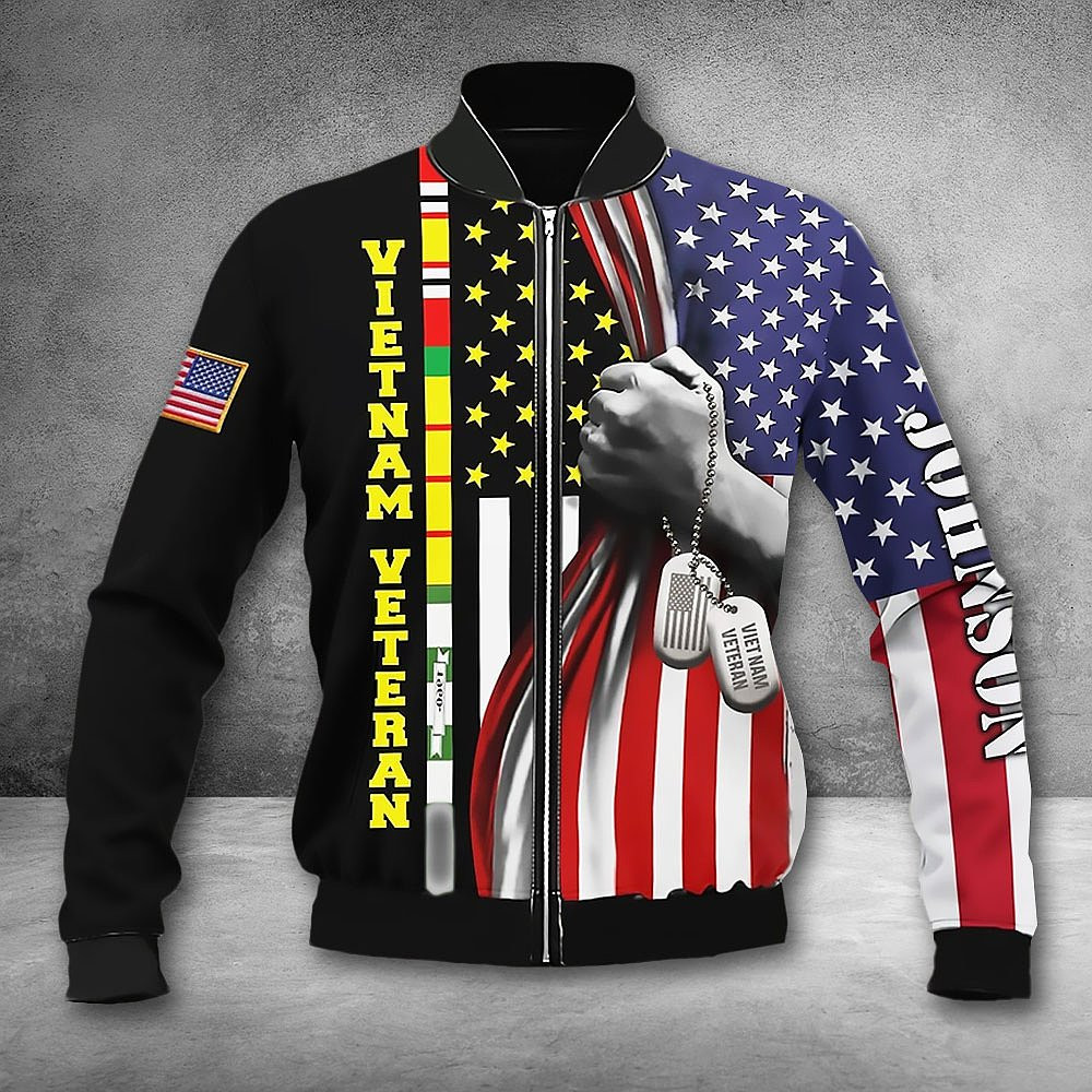 Personalized Vietnam Veteran US Flag Dogtag Bomber Jacket Veterans Day Gifts