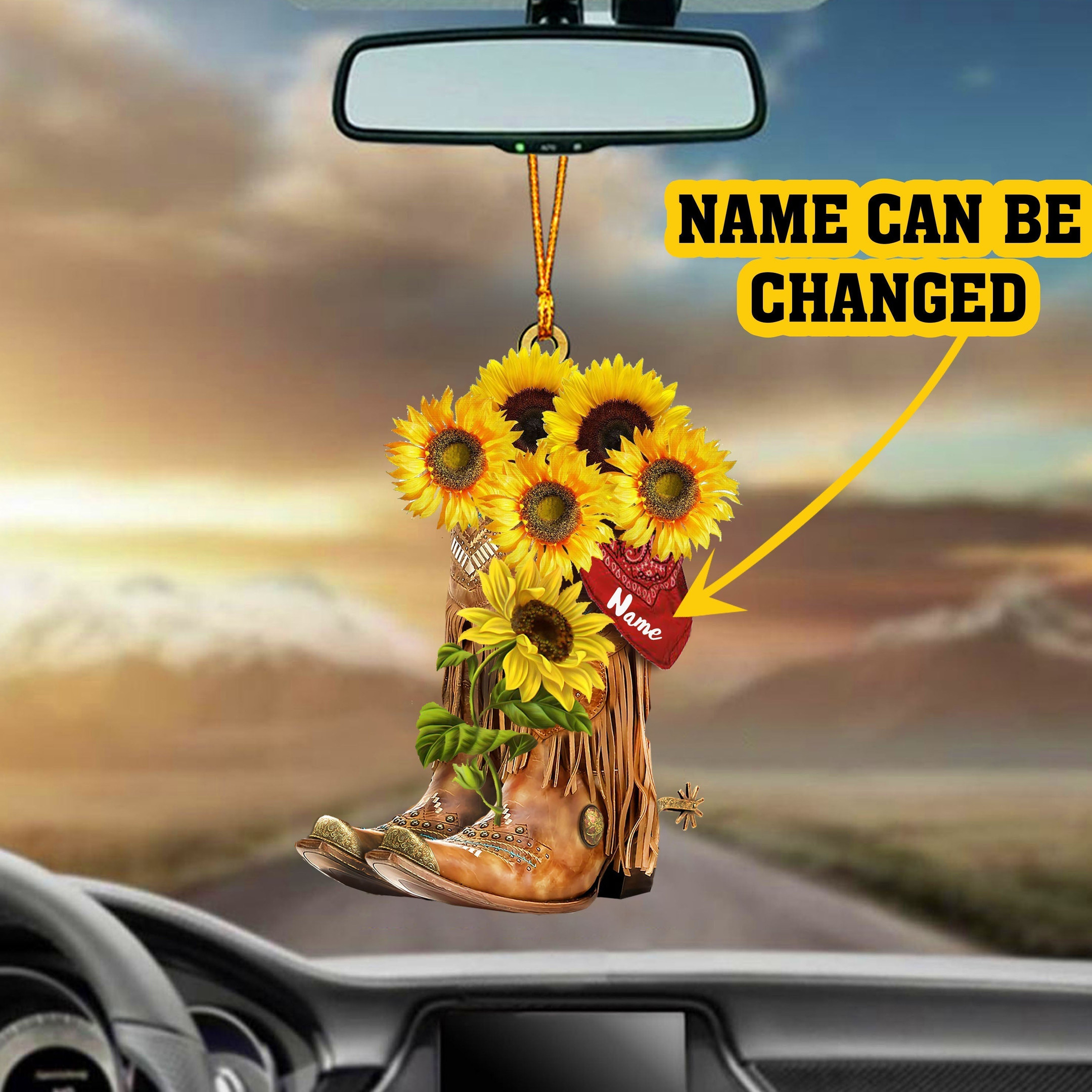 Personalized Vintage Sunflower Boots Cowboy Cowgirl Flat Acrylic Car Ornament