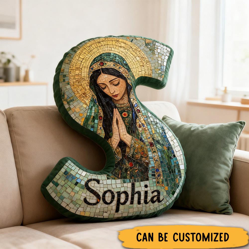 Personalized Virgin Mary Mosaic Art Letter Pillow with Custom Name Christian Mythology Home Decor Catholic Gift for Her Feminine Saint Graphic 3DPrint