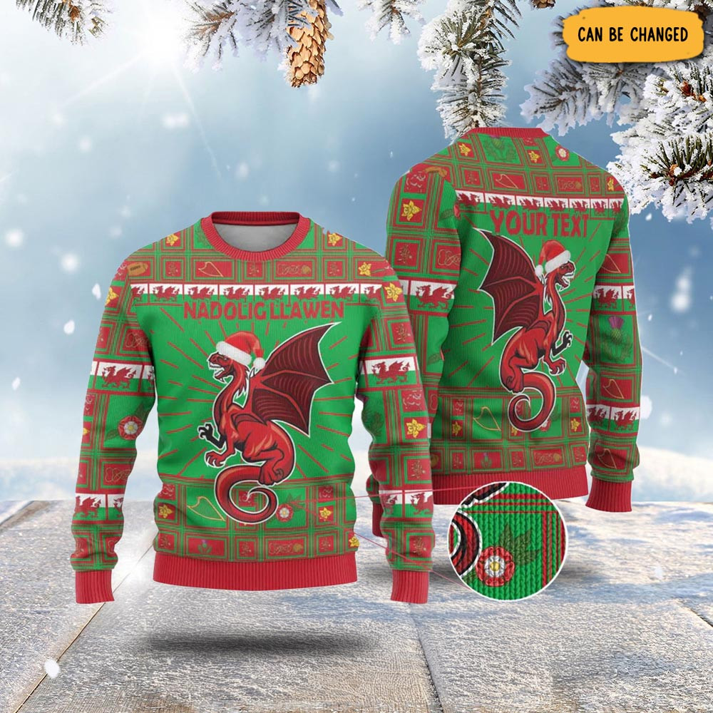 Personalized Wales Nadolig Llawen Ugly Christmas Sweater Welsh Dragon mascot - Merry Xmas
