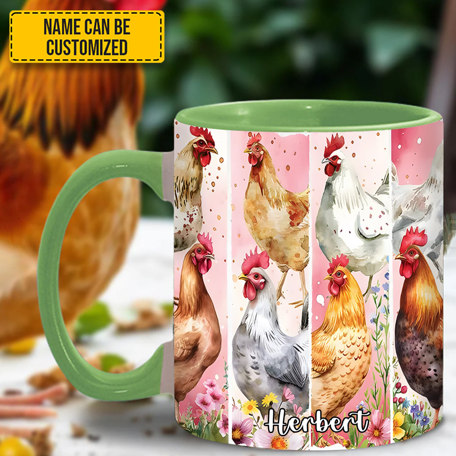 Personalized Watercolor Chicken Mug Flower Design Gifts For Chicken Lovers