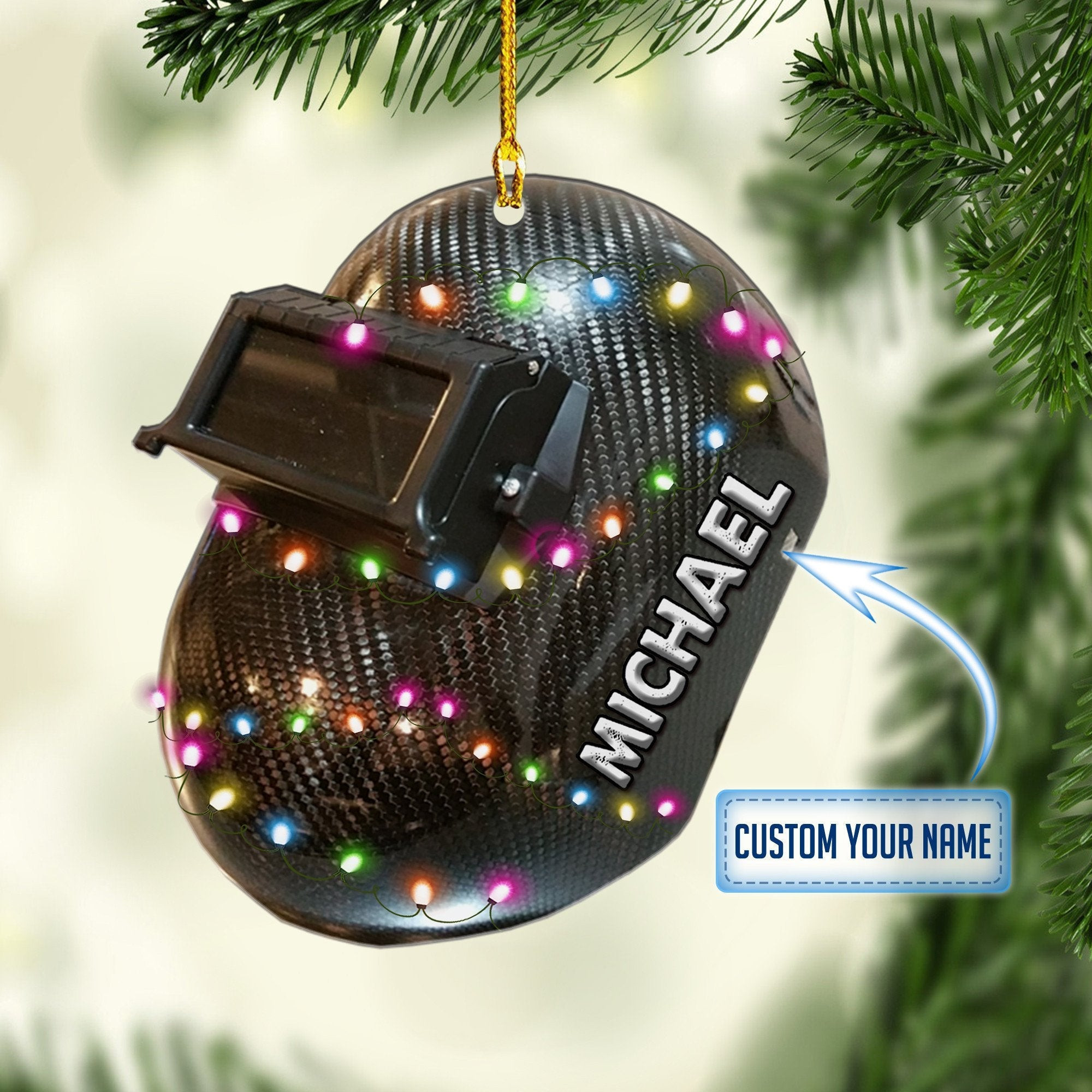 Personalized Welder Mask Light Christmas Ornaments 2D Flat Ornament Gift for Welder Father Son