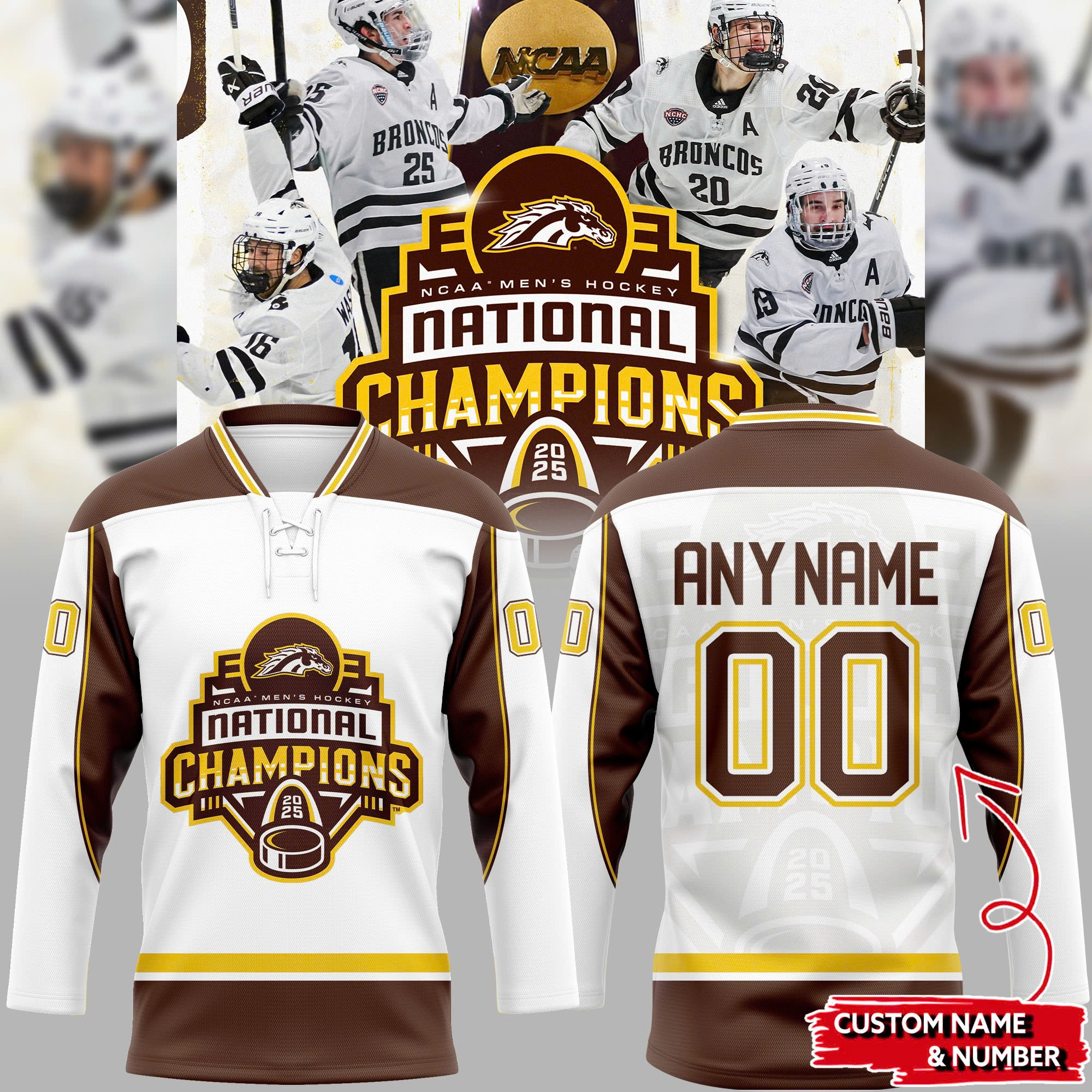 Personalized Western Michigan National Championship Gear Jersey 2025 NCAA Men's Hockey Merch