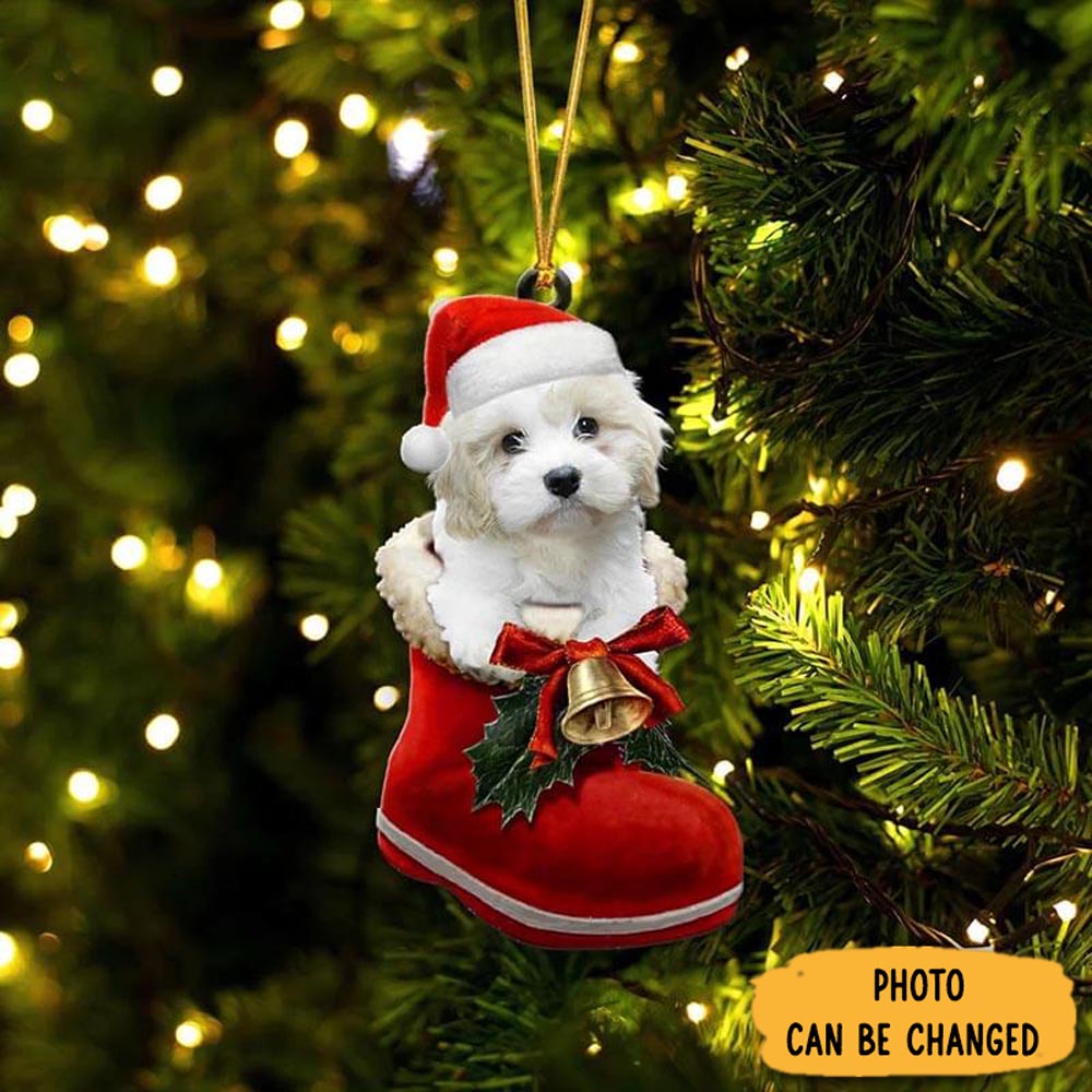 Personalized White Cavachon In Santa Boot Christmas Hanging Ornament Charming Mother's Day Ornament