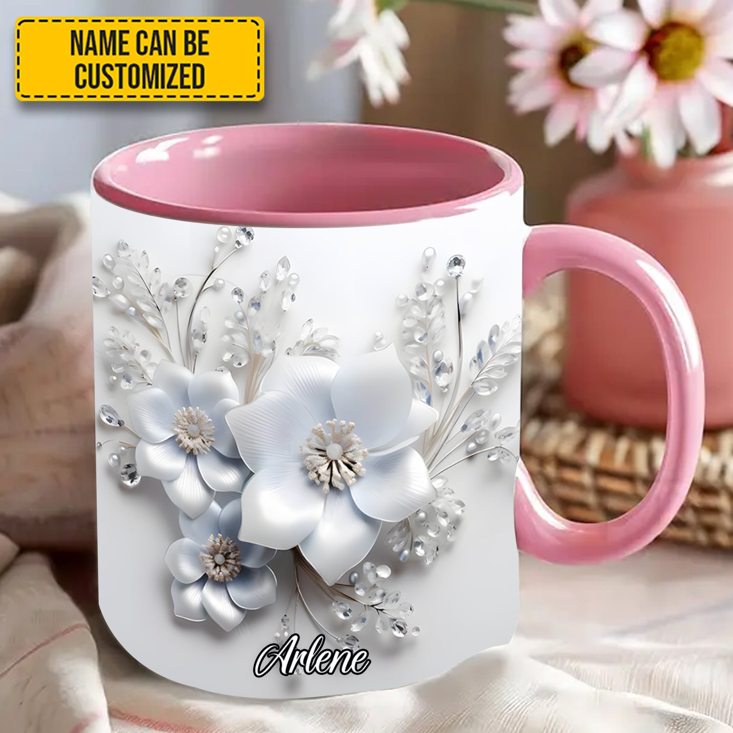 Personalized White Flowers Mug Flower Design Best Present Ideas For Her