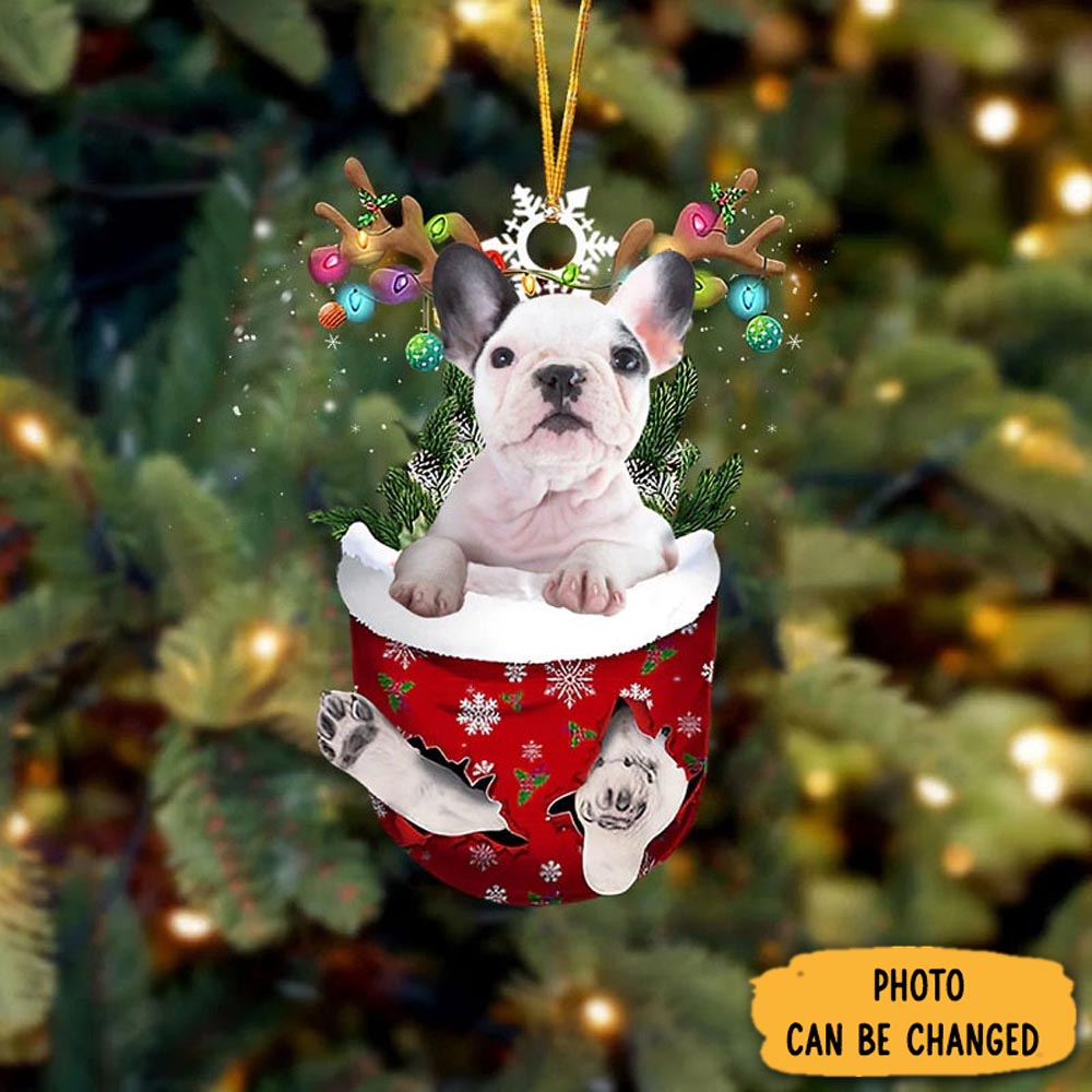 Personalized White French Bull Dog In Snow Pocket Christmas Ornament Classic Christmas Ornament Gift