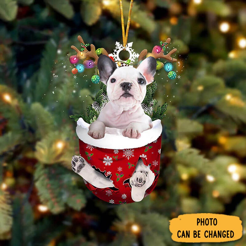 Personalized White French Bulldog In Snow Pocket Christmas Ornament Meaningful Christmas Ornament Gift