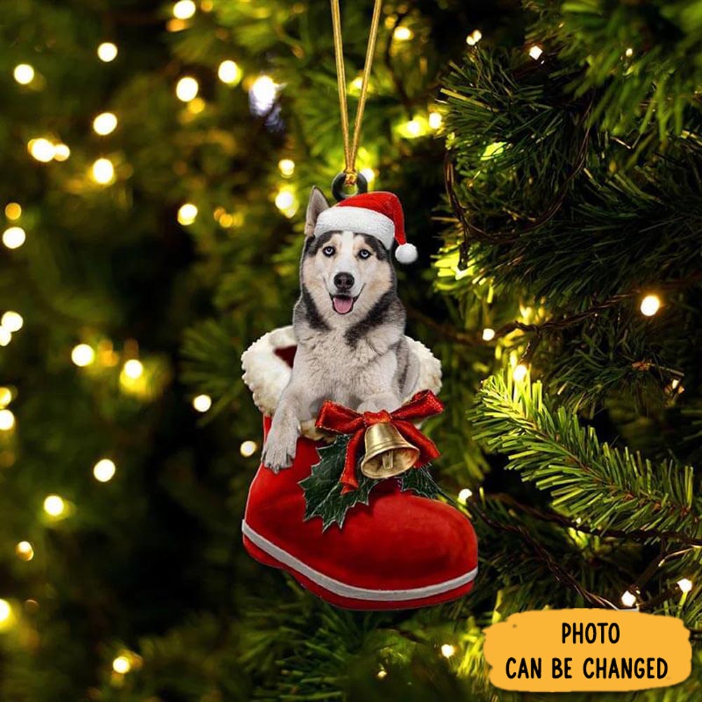 Personalized White Husky In Santa Boot Christmas Hanging Ornament Holiday Ornament For Home & Family