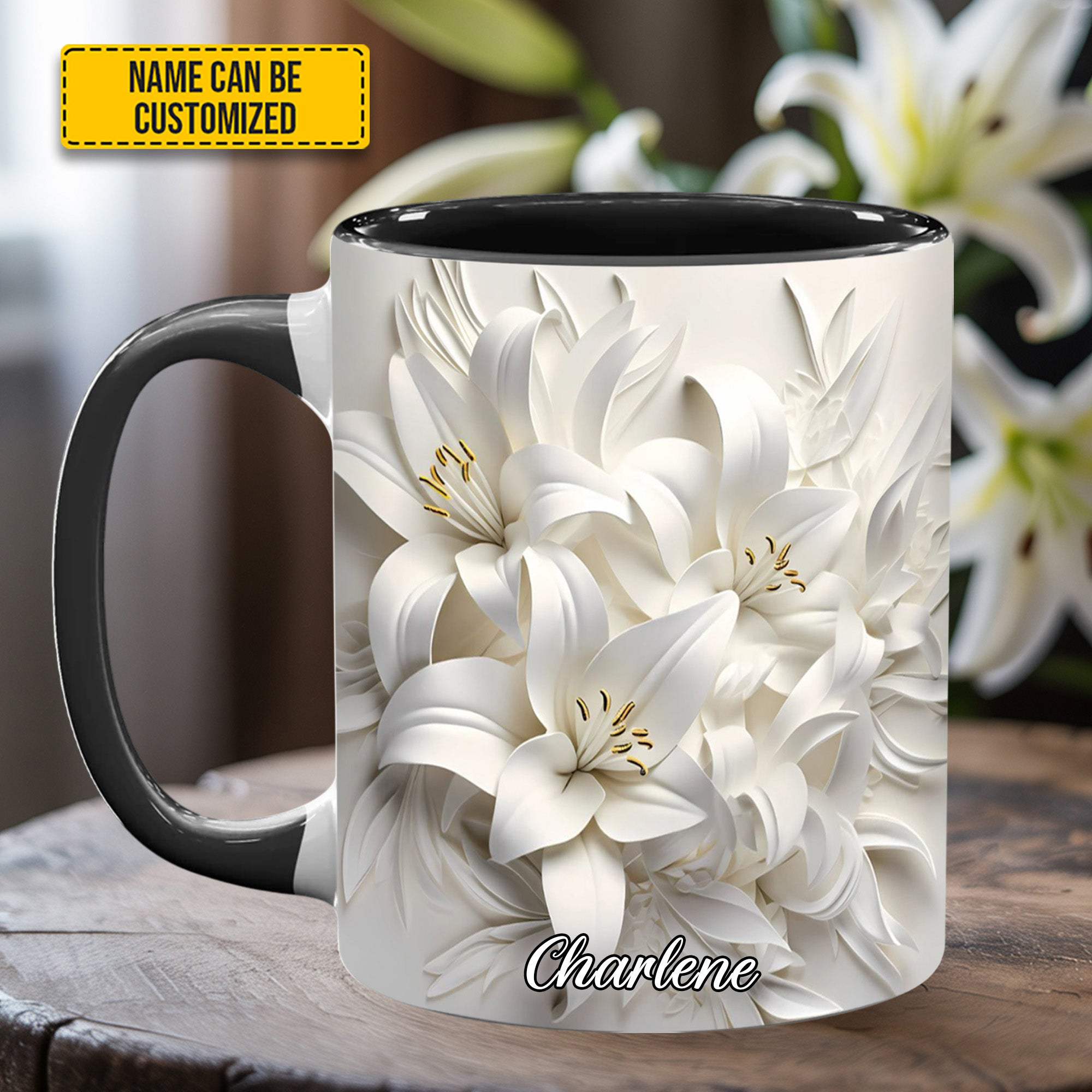 Personalized White Lilies Flowers Mug Flower Design Floral Coffee Mug Gift Ideas