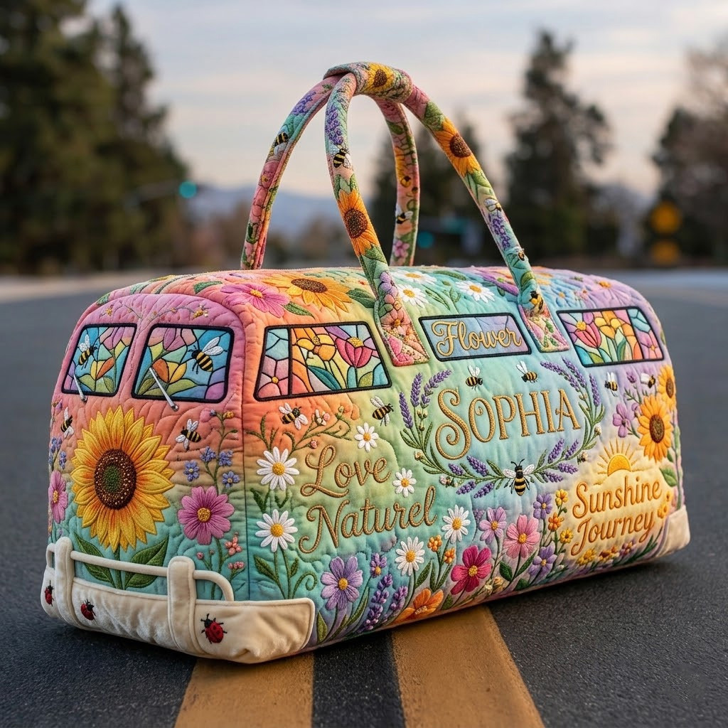 Personalized Wildflower Hippie Van Quilted Duffle Bag Sunflower Love Natural Sunshine Journey Gift Ideas