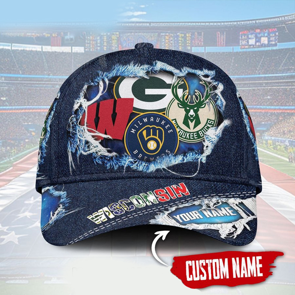Personalized Wisconsin Sports Teams Denim Pattern Baseball Hat Sports Lovers Gifts