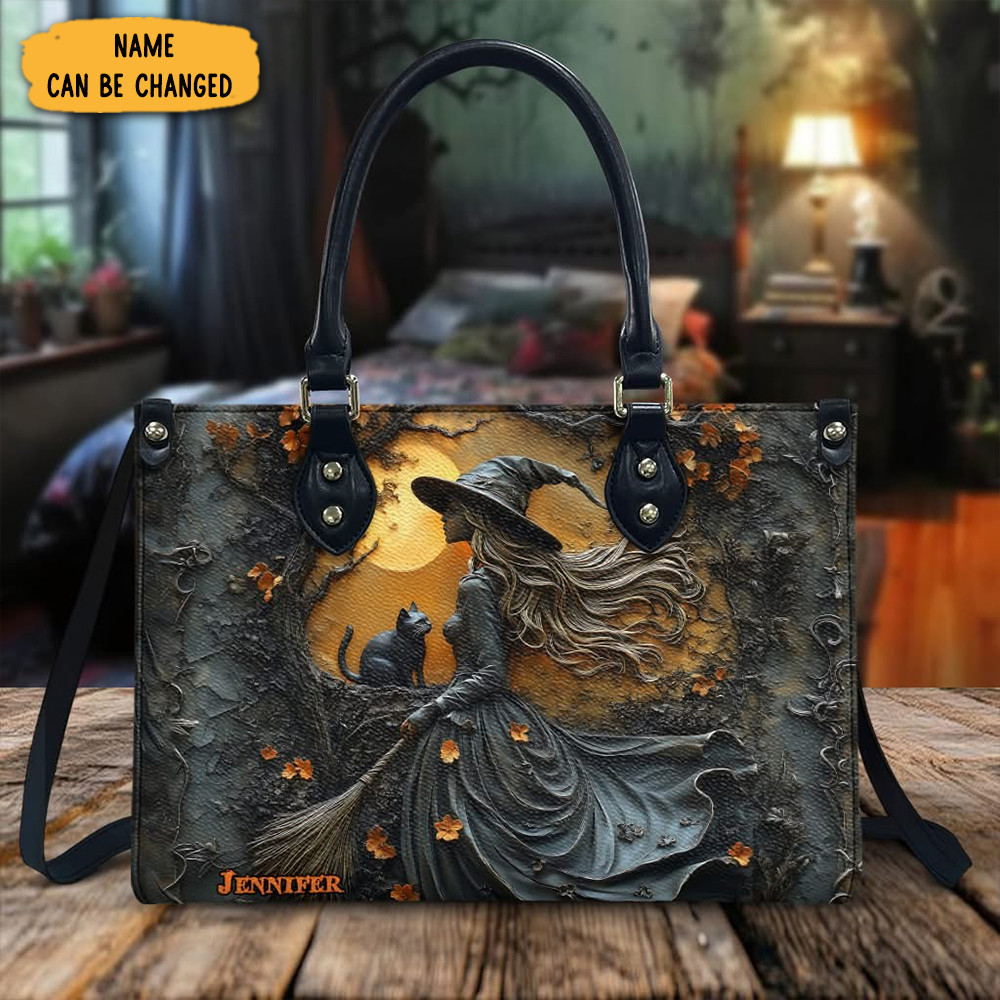 Personalized Witch And Black Cat Halloween Leather Handbag Witchy Birthday Gifts