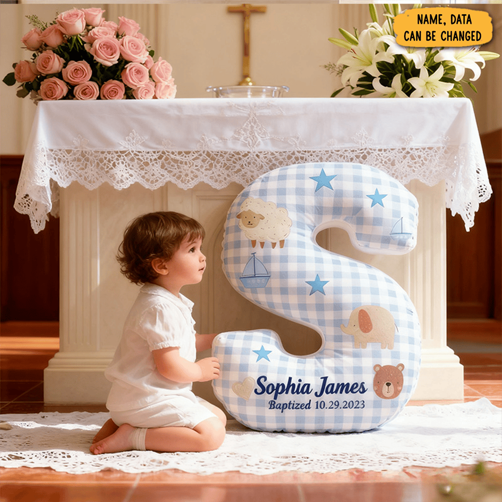 Personalized Woodland Animals Baptism Letter Pillow With Name And Date Kid Room Decor Baby Boy Gift Christian Baptism Gift Graphic 3d Print Pillow