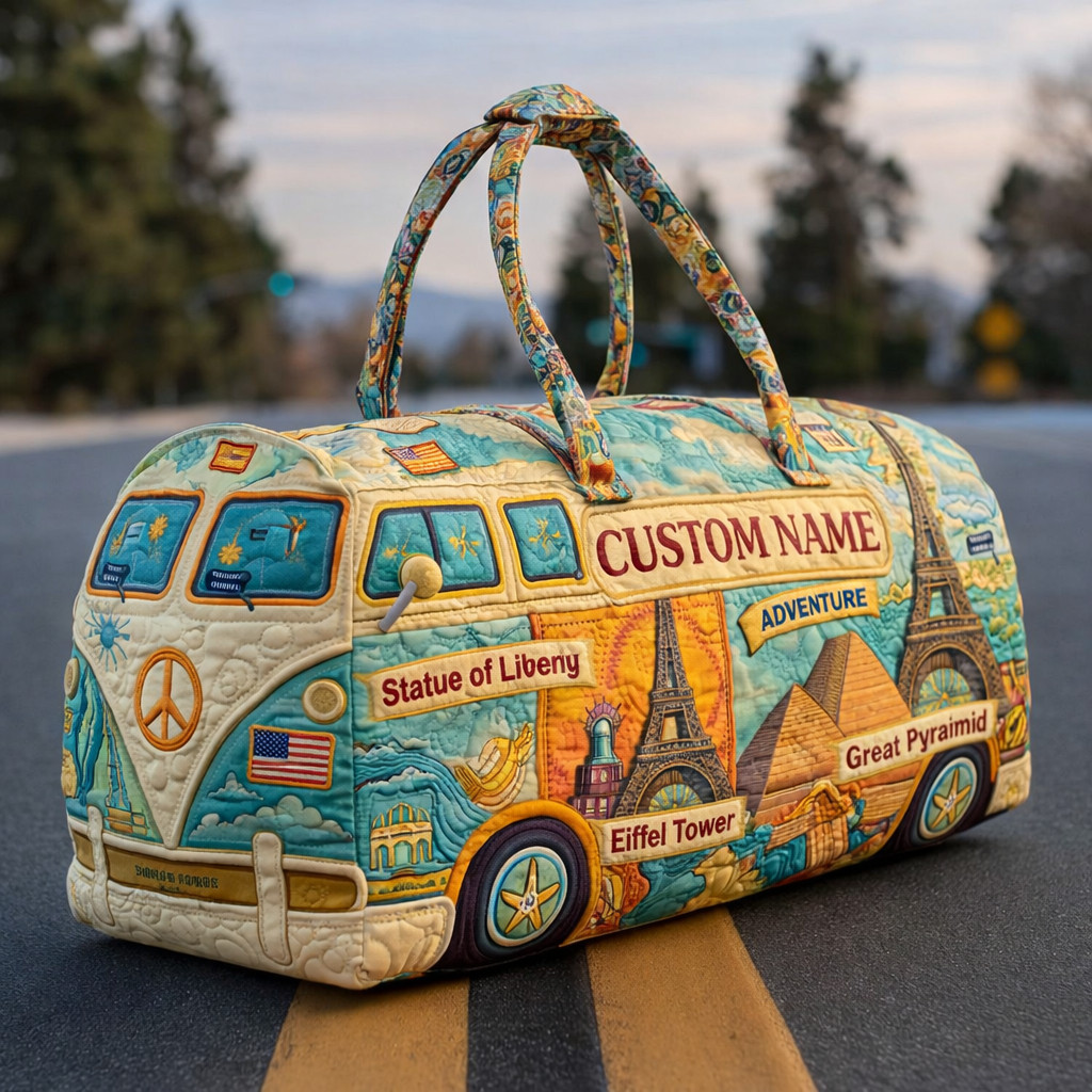 Personalized World Landmarks Hippie Van Quilted Duffle Bag Eiffel Tower Pyramid Travel Gift Ideas
