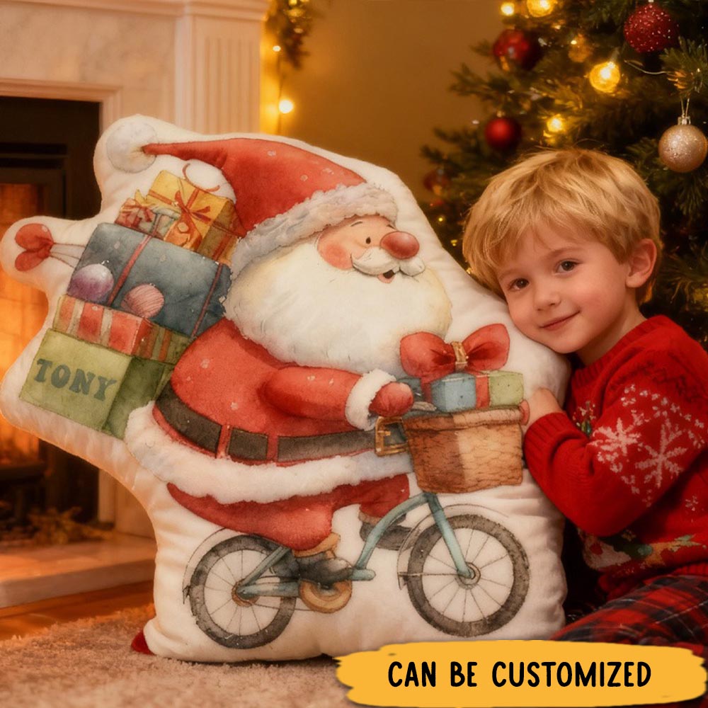 Personalized Xmas Gifts Bike Pillow Cozy Santa Chirstmas Graphic 3D Print Bow Pillow Name Pillow Comfortable Travel Cushion for Kids Riding Lovers