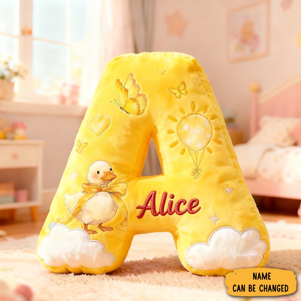 Personalized Yellow Duck Sun Cloud Letter Initial Pillow Animal Themed Gifts For Duck Lovers