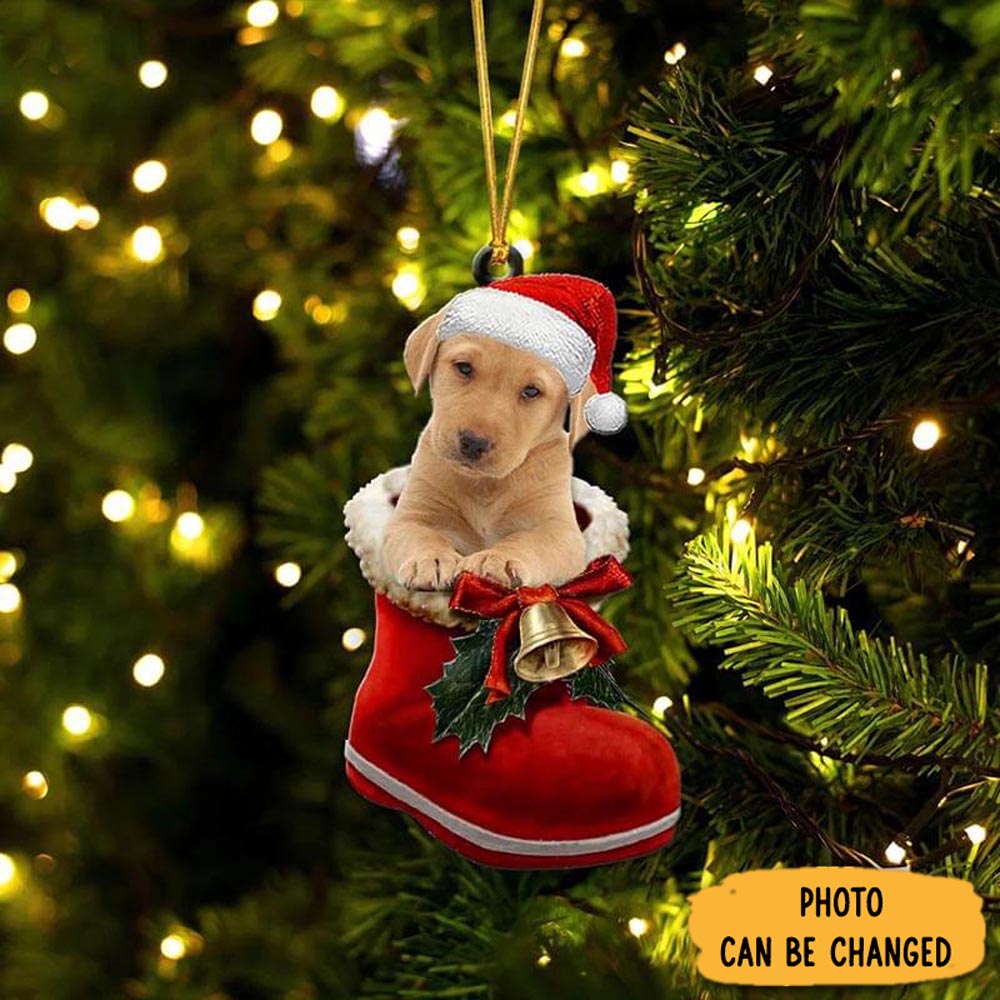 Personalized Yellow Labrador In Santa Boot Christmas Hanging Ornament Adorable Easter Ornament Keepsake
