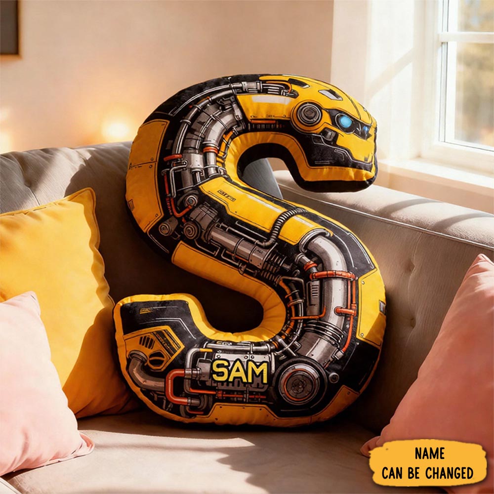 Personalized Yellow Machine Alphabet Shaped Pillow Sofa Accent Christmas Gift For Boys