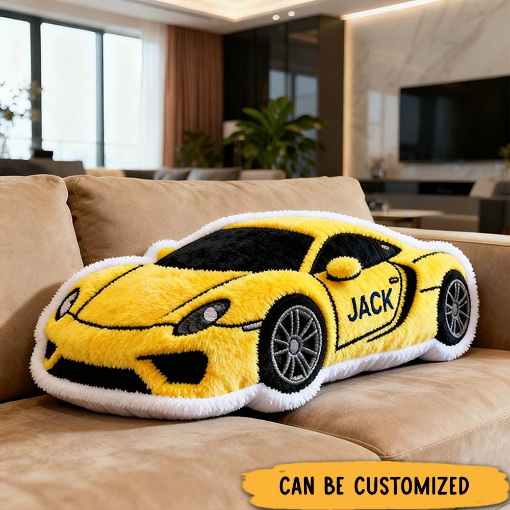 Personalized Yellow Racing Car Pillow with Custom Name 3D Graphic Print Unique Cushion Gifts