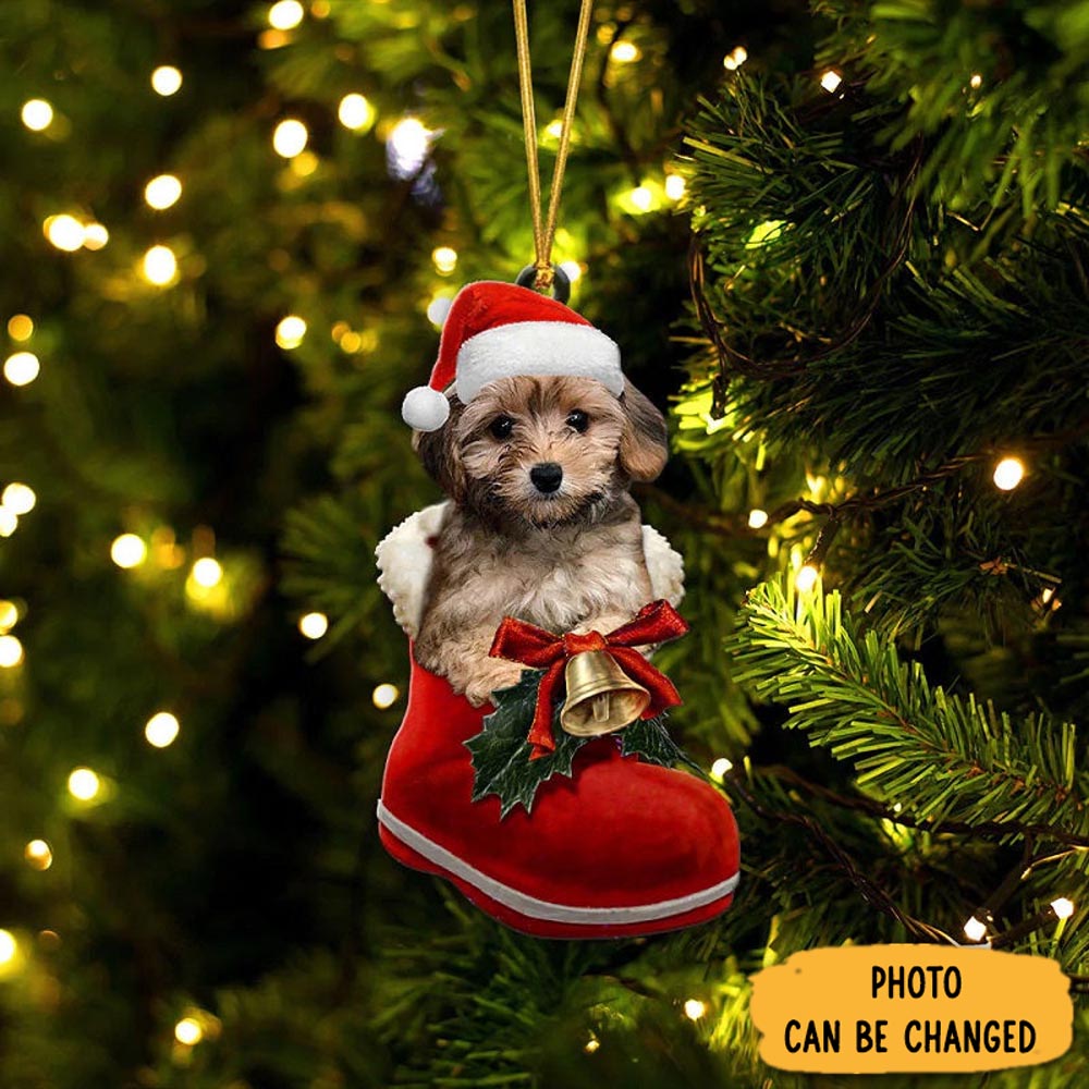 Personalized Yorkie Poo In Santa Boot Christmas Hanging Ornament Magical Christmas Tree Ornament