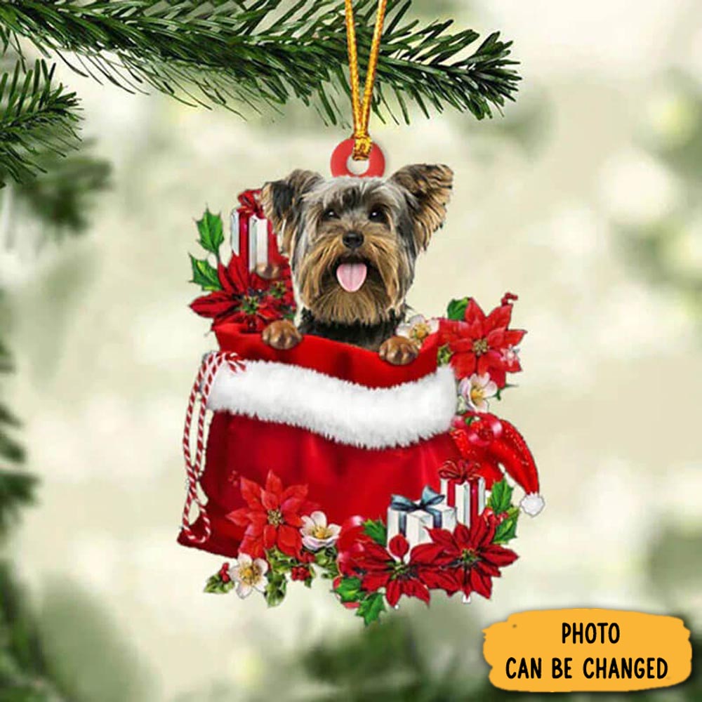 Personalized Yorkshire Terrier In Gift Bag Christmas Ornament Joyful Holiday Season Ornament Gift